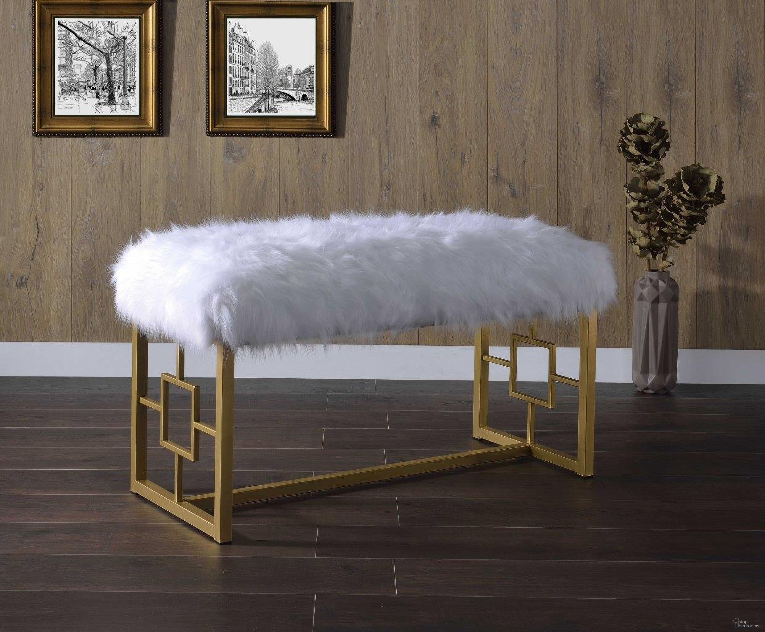 The appearance of Homeroots White Faux Fur Gold Metal Upholstered Bench 347540 designed by Homeroots in the glam interior design. This white faux fur piece of furniture was selected by 1StopBedrooms from to add a touch of cosiness and style into your home. Sku: 347540. Material: Metal.