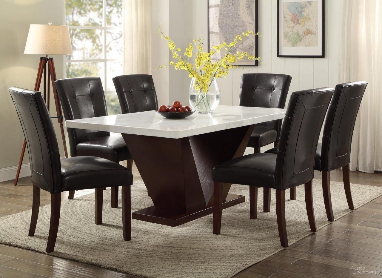 The appearance of Homeroots White Marble And Walnut Dining Table designed by Homeroots in the modern / contemporary interior design. This walnut and white piece of furniture  was selected by 1StopBedrooms from  to add a touch of cosiness and style into your home. Sku: 286018. Table Base Style: Pedestal. Material: Marble. Table Top Shape: Rectangular. Size: 59" x 36".