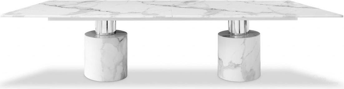 The appearance of Homeroots White Marble Stainless Steel Dining Table 370724 designed by Homeroots in the modern / contemporary interior design. This white marble piece of furniture  was selected by 1StopBedrooms from  to add a touch of cosiness and style into your home. Sku: 370724. Table Base Style: Double Pedestal. Table Top Shape: Rectangular. Material: Aluminium. Size: 48" x 120".