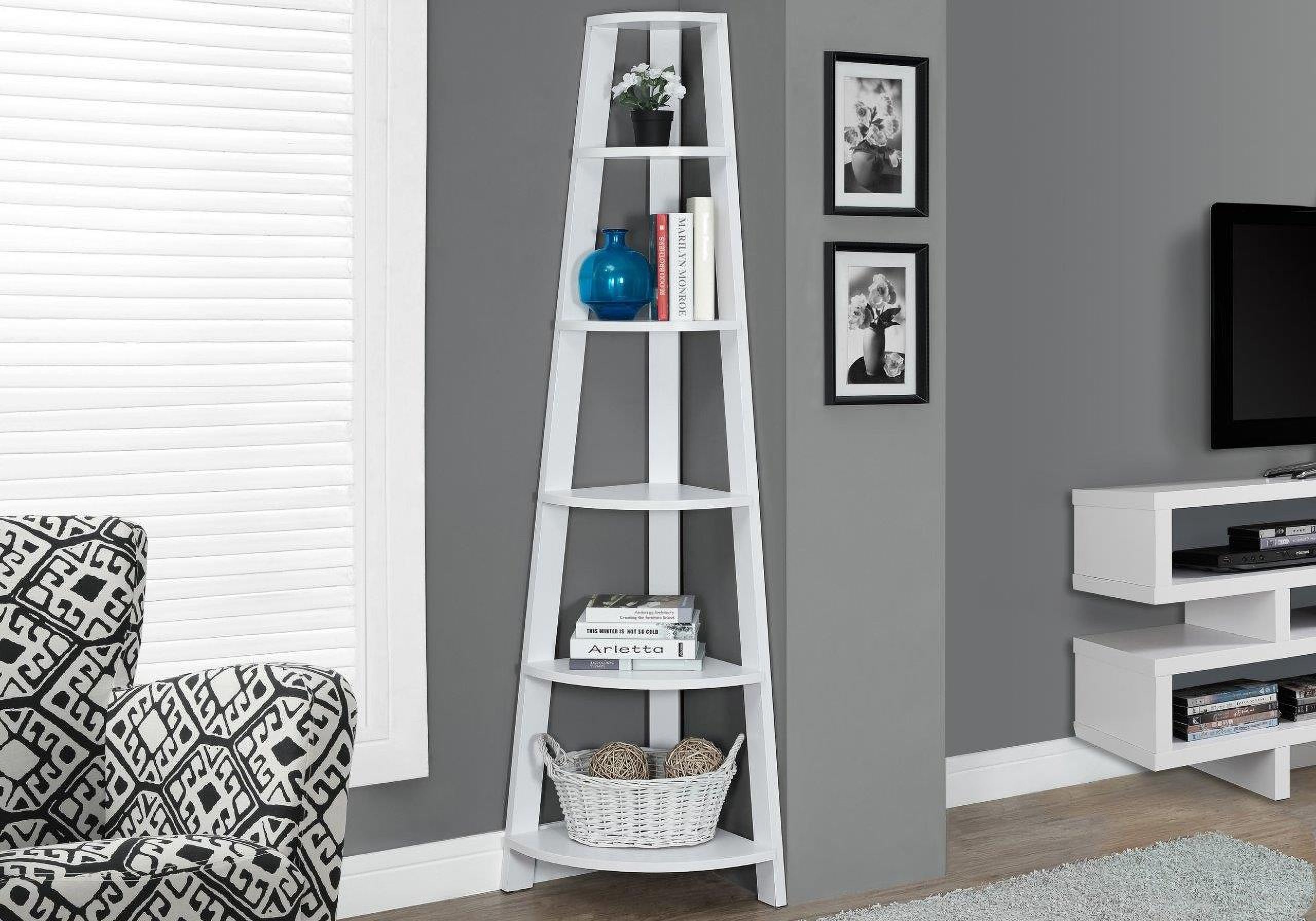 The appearance of Homeroots White Particle Board Laminate And Mdf Corner Bookshelf designed by Homeroots in the modern / contemporary interior design. This white piece of furniture was selected by 1StopBedrooms from to add a touch of cosiness and style into your home. Sku: 332852. Material: MDF.