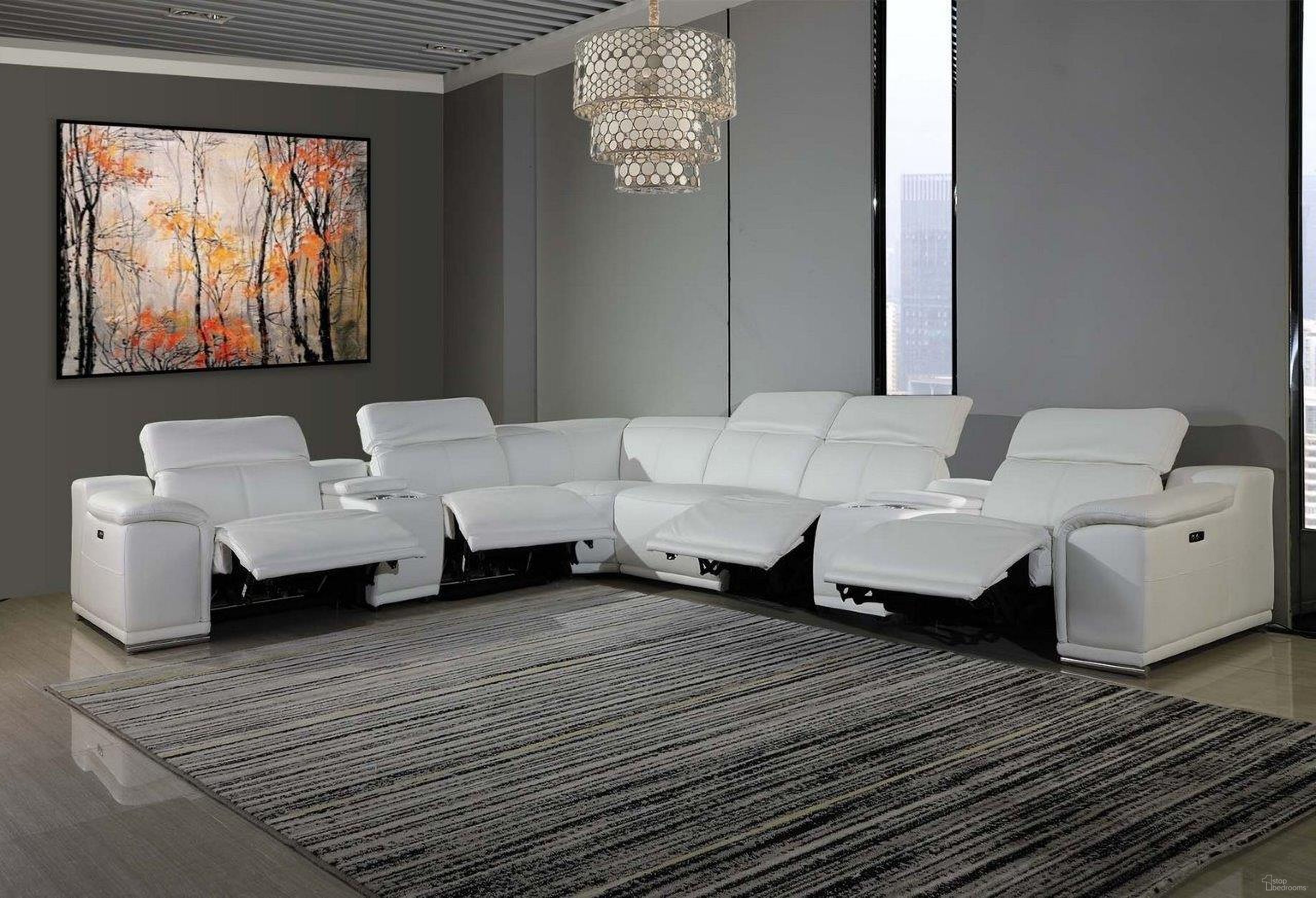 The appearance of Homeroots White Power Reclining 8 Piece Sectional and W 2 Consoles 366365 designed by Homeroots in the modern / contemporary interior design. This white piece of furniture  was selected by 1StopBedrooms from  to add a touch of cosiness and style into your home. Sku: 366365. Material: Leather. Layout: L-Shape.