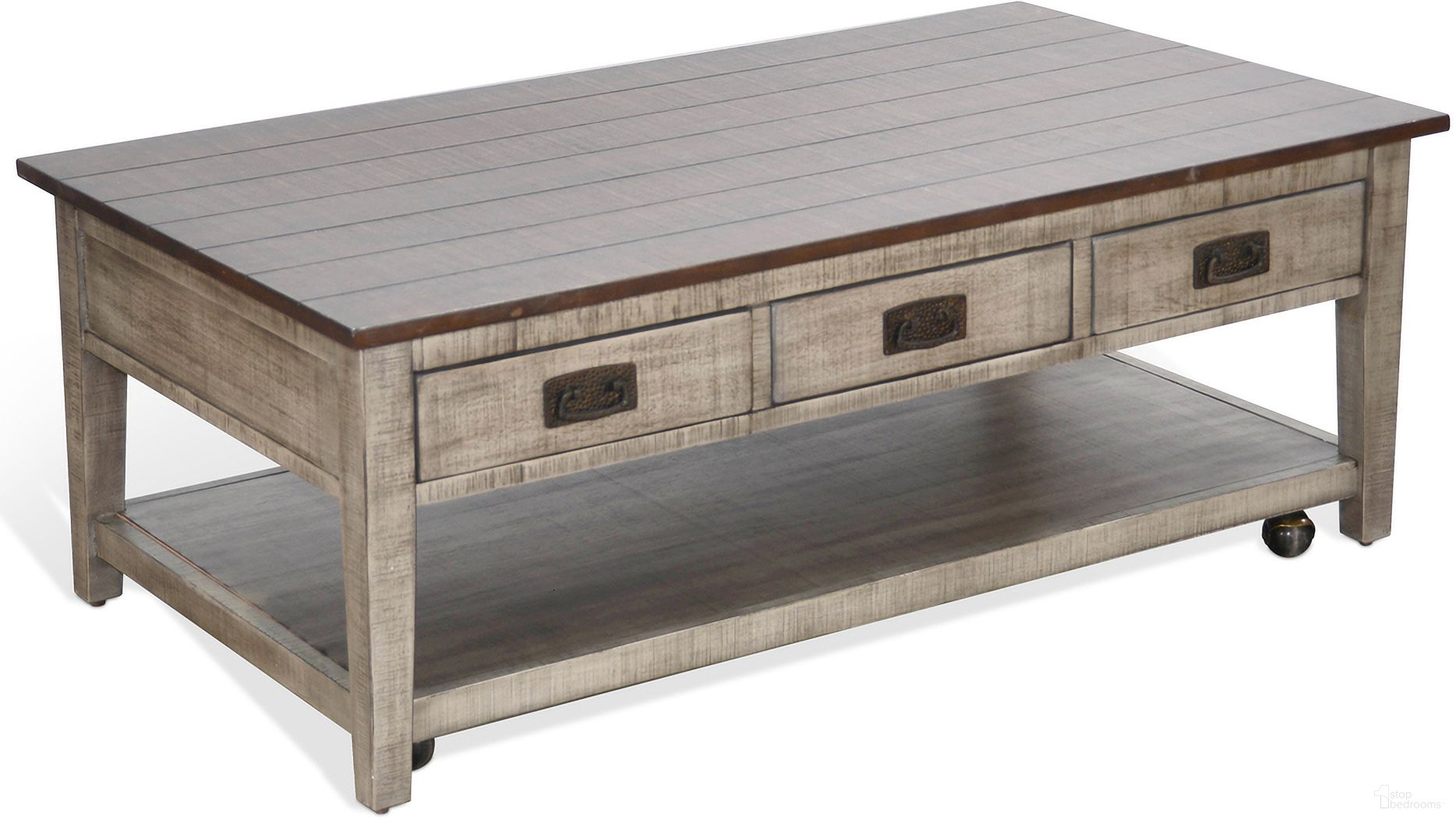 The appearance of Homestead Hills Coffee Table In Grey designed by Sunny Designs in the transitional interior design. This tobacco/grey piece of furniture was selected by 1StopBedrooms from Homestead Hills Collection to add a touch of cosiness and style into your home. Sku: 3183TA-C. Material: Solid Wood.