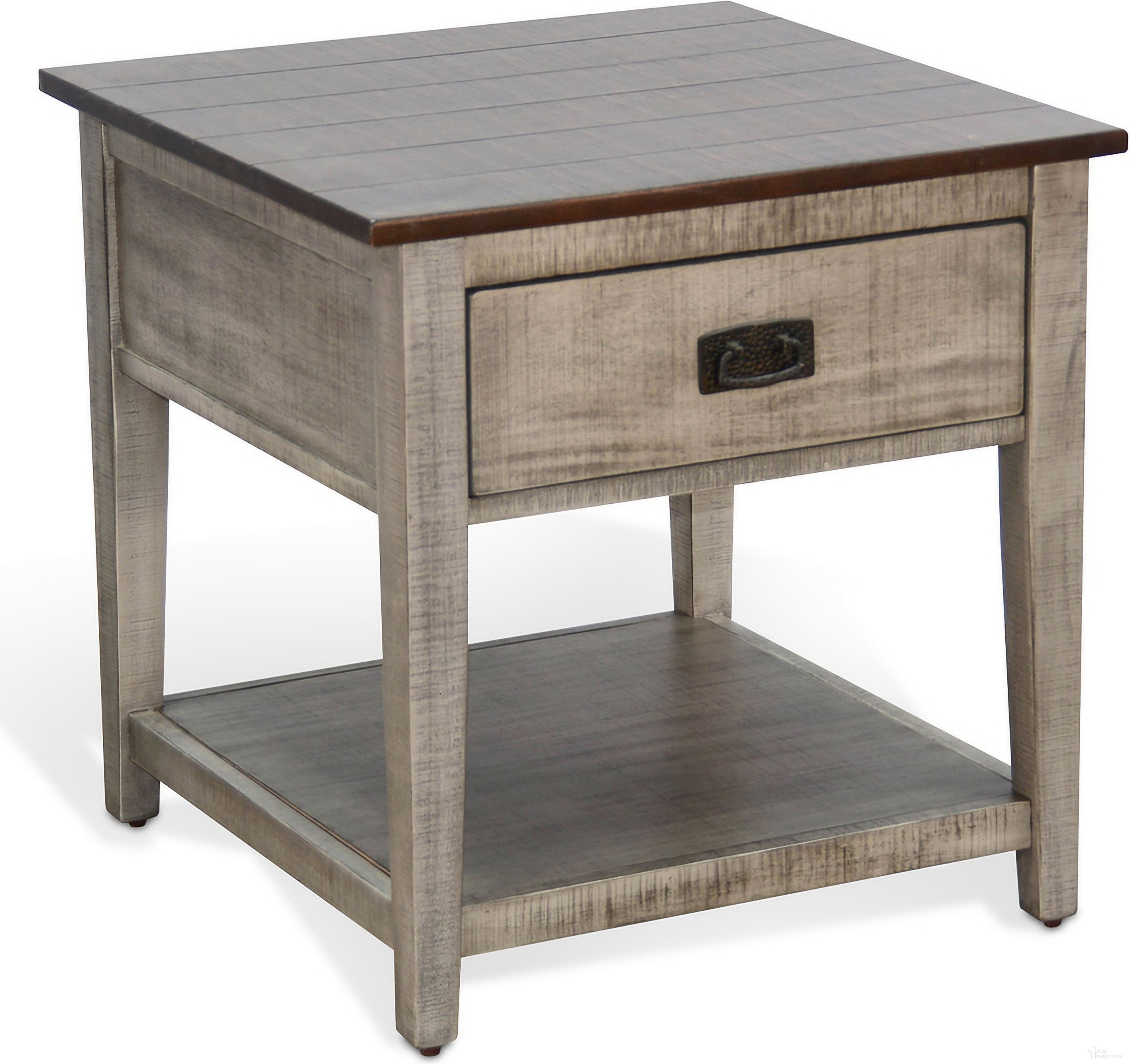 The appearance of Homestead Hills End Table In Grey designed by Sunny Designs in the transitional interior design. This tobacco/grey piece of furniture was selected by 1StopBedrooms from Homestead Hills Collection to add a touch of cosiness and style into your home. Sku: 3183TA-E. Material: Solid Wood.