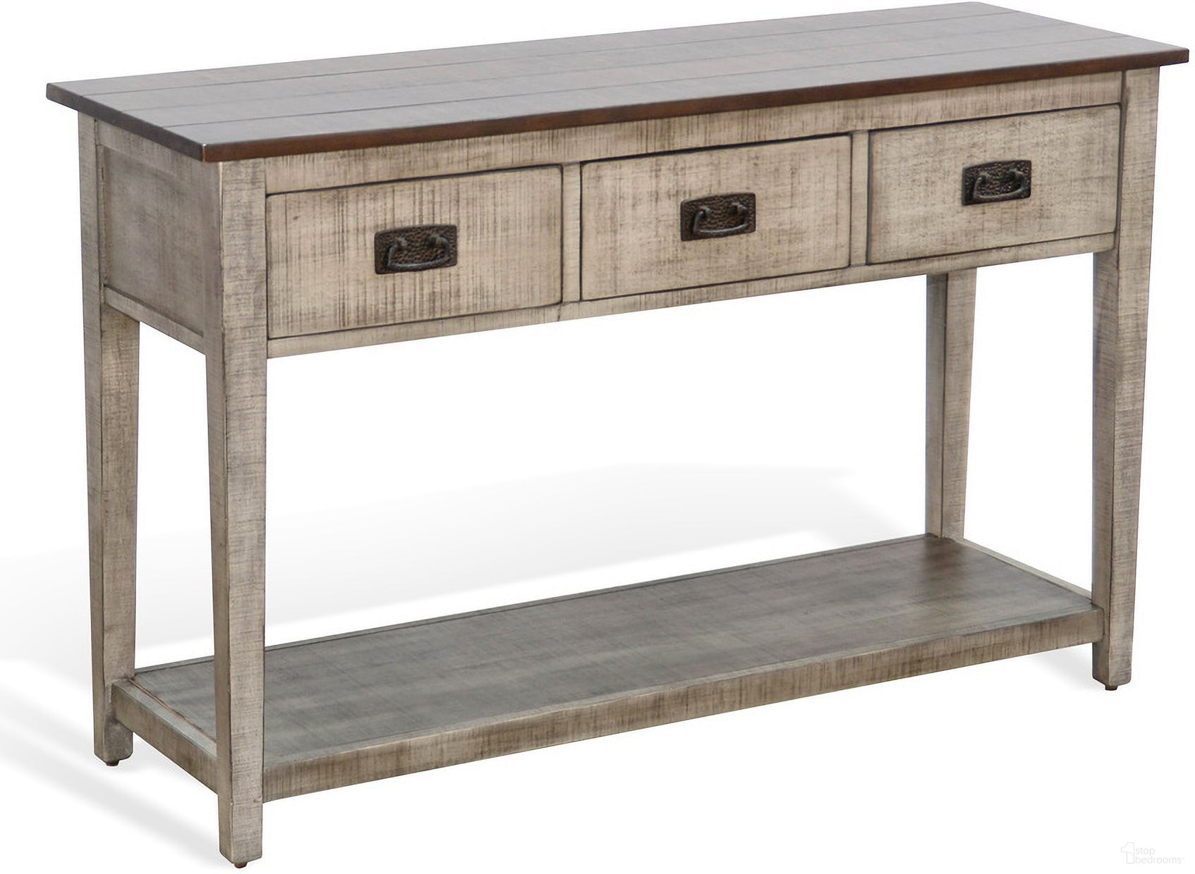 The appearance of Homestead Hills Sofa Table In Grey designed by Sunny Designs in the transitional interior design. This tobacco/grey piece of furniture was selected by 1StopBedrooms from Homestead Hills Collection to add a touch of cosiness and style into your home. Sku: 3183TA-S. Material: Solid Wood.