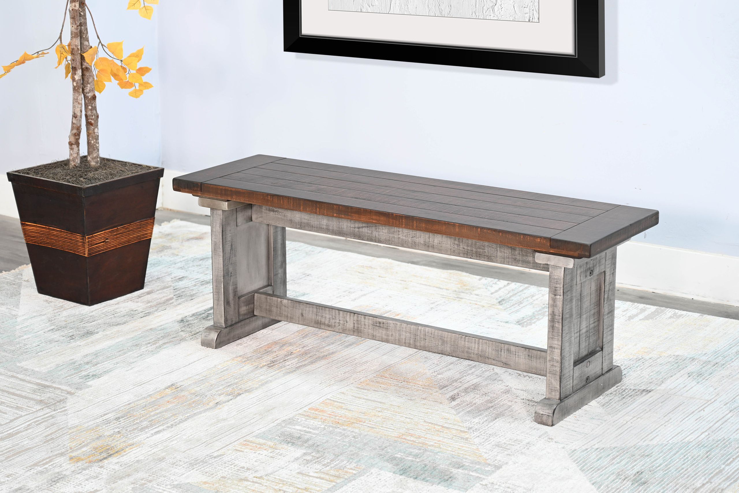 The appearance of Homestead Hills Wood Side Bench In Grey designed by Sunny Designs in the country / farmhouse interior design. This tobacco/grey piece of furniture was selected by 1StopBedrooms from Homestead Hills Collection to add a touch of cosiness and style into your home. Sku: 0113TA-SB. Material: Solid Wood.