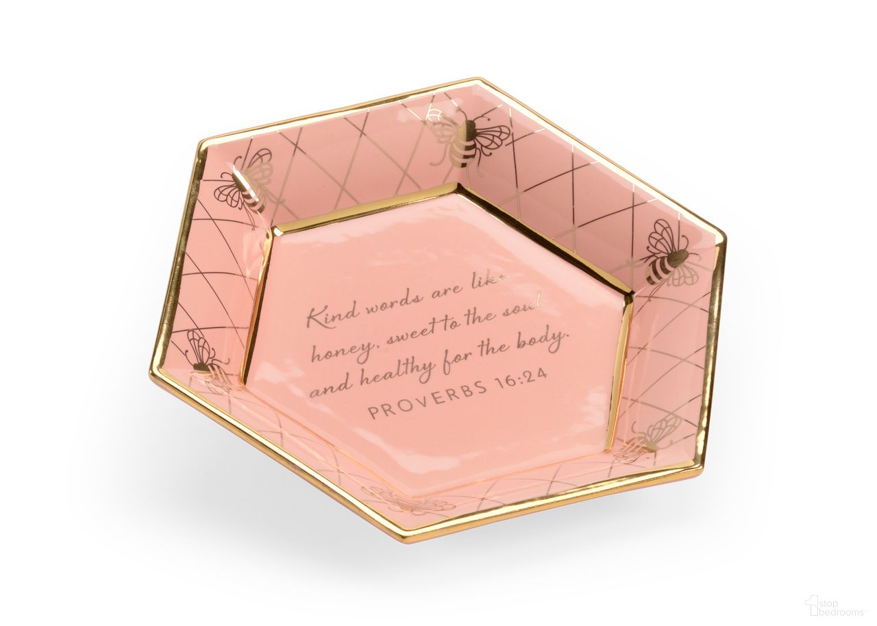 The appearance of Honeycomb Bee Verse Plate In Pink and Gold designed by Chelsea House in the modern / contemporary interior design. This pink and gold piece of furniture  was selected by 1StopBedrooms from Shayla Copas Collection to add a touch of cosiness and style into your home. Sku: 384941. Material: Ceramic.