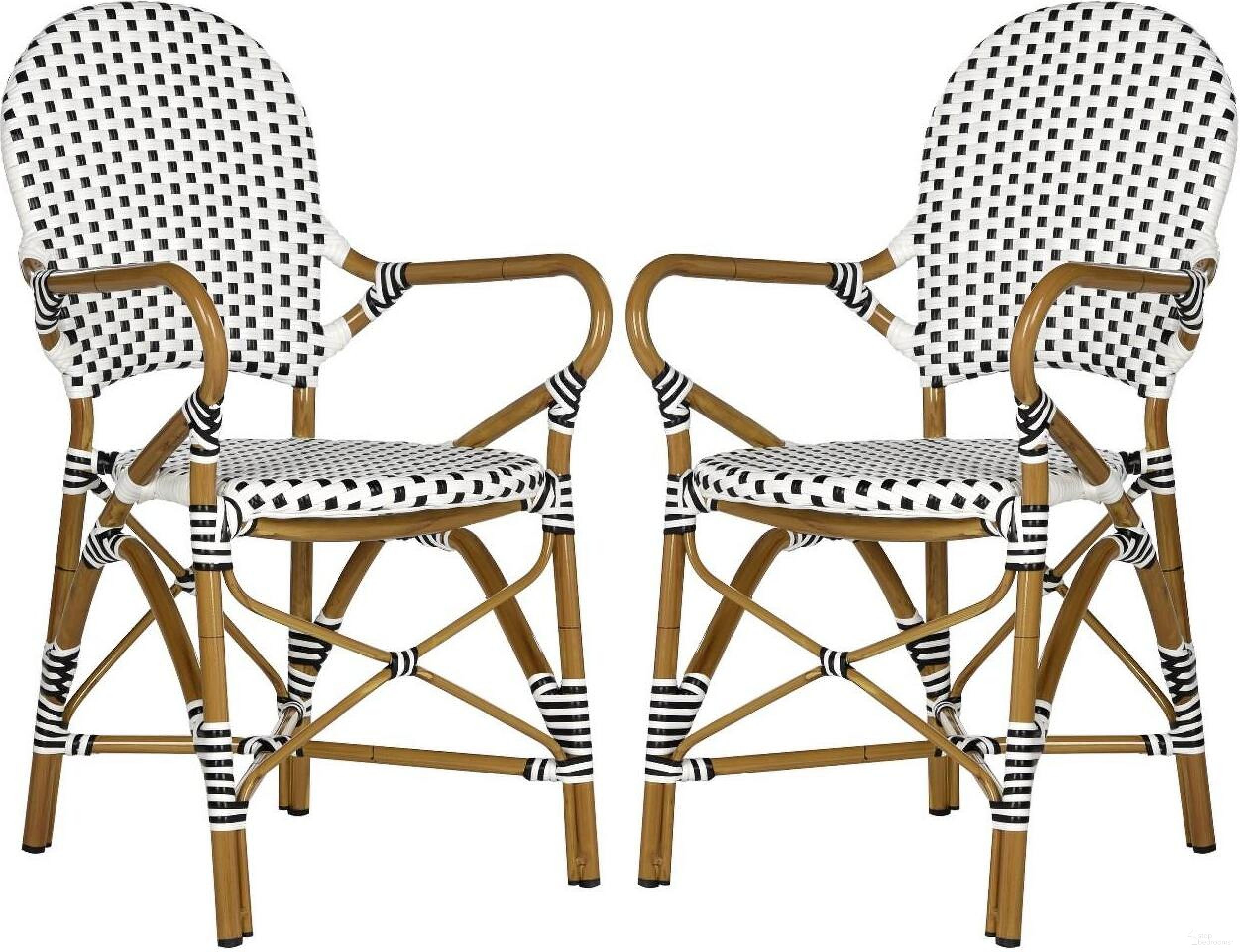 The appearance of Hooper Black and White Indoor/Outdoor Stacking Armchair Set of 2 FOX5209E designed by Safavieh in the country / farmhouse interior design. This black and white piece of furniture  was selected by 1StopBedrooms from Hooper Collection to add a touch of cosiness and style into your home. Sku: FOX5209E-SET2. Material: Aluminum.