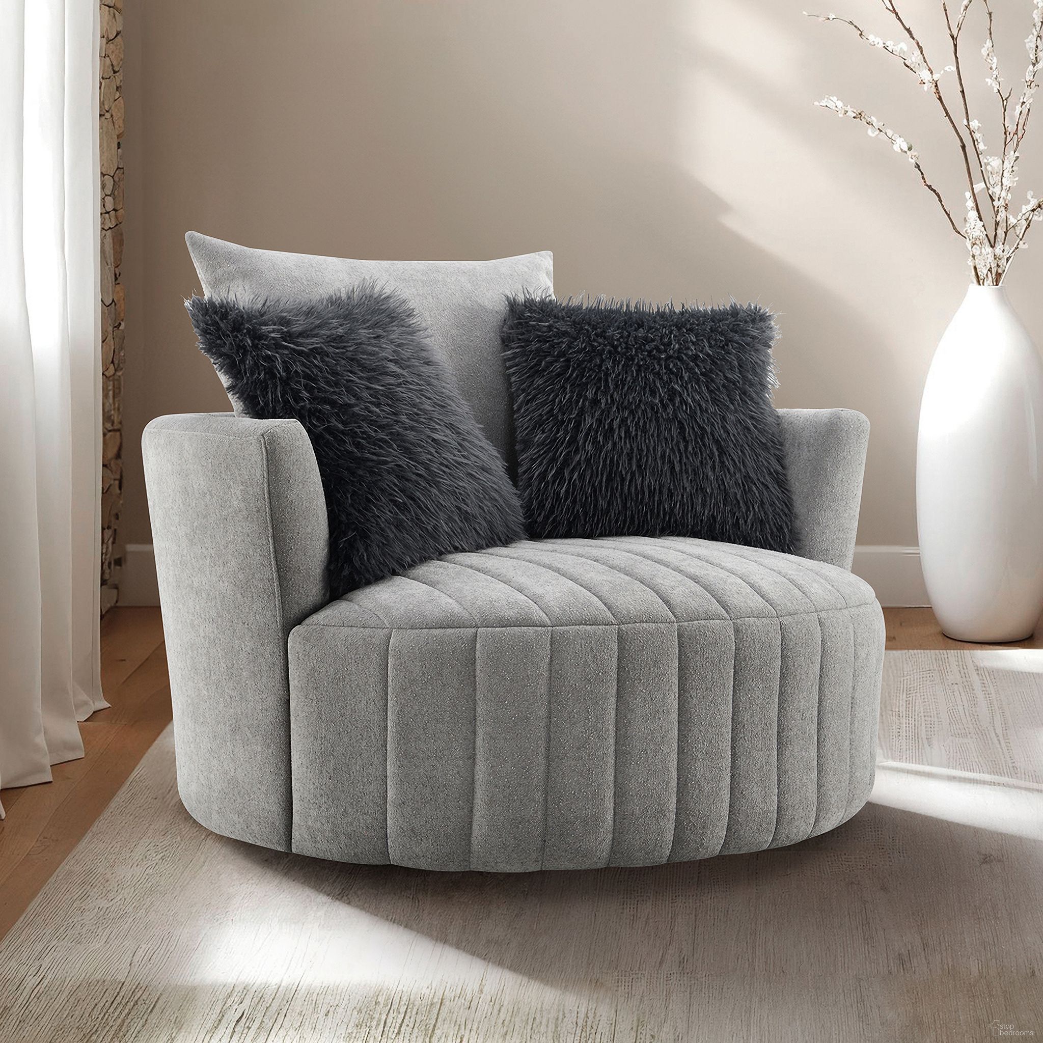 The appearance of Hoople Swivel Chair In Channeled In Dark Gray designed by Furniture of America in the transitional interior design. This light gray piece of furniture was selected by 1StopBedrooms from Hoople Collection to add a touch of cosiness and style into your home. Sku: FM-AC6001LG-SW. Material: Fabric.