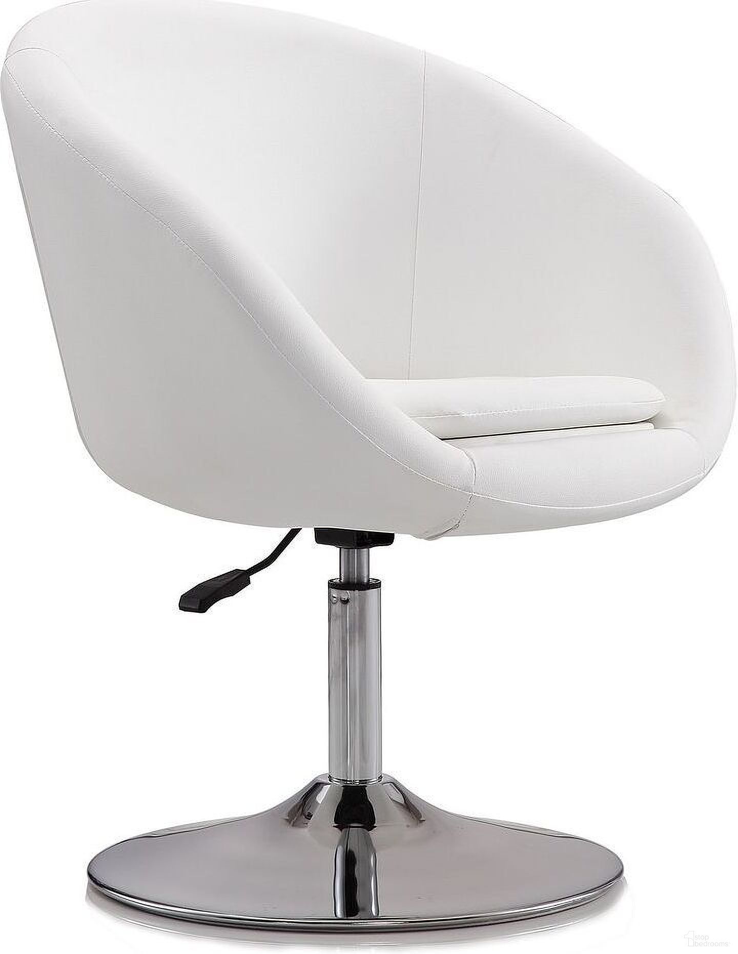 The appearance of Hopper Swivel Adjustable Height Faux Leather Chair in White and Polished Chrome designed by Manhattan Comfort in the modern / contemporary interior design. This white piece of furniture  was selected by 1StopBedrooms from Hopper Collection to add a touch of cosiness and style into your home. Sku: AC036-WH. Material: Metal.