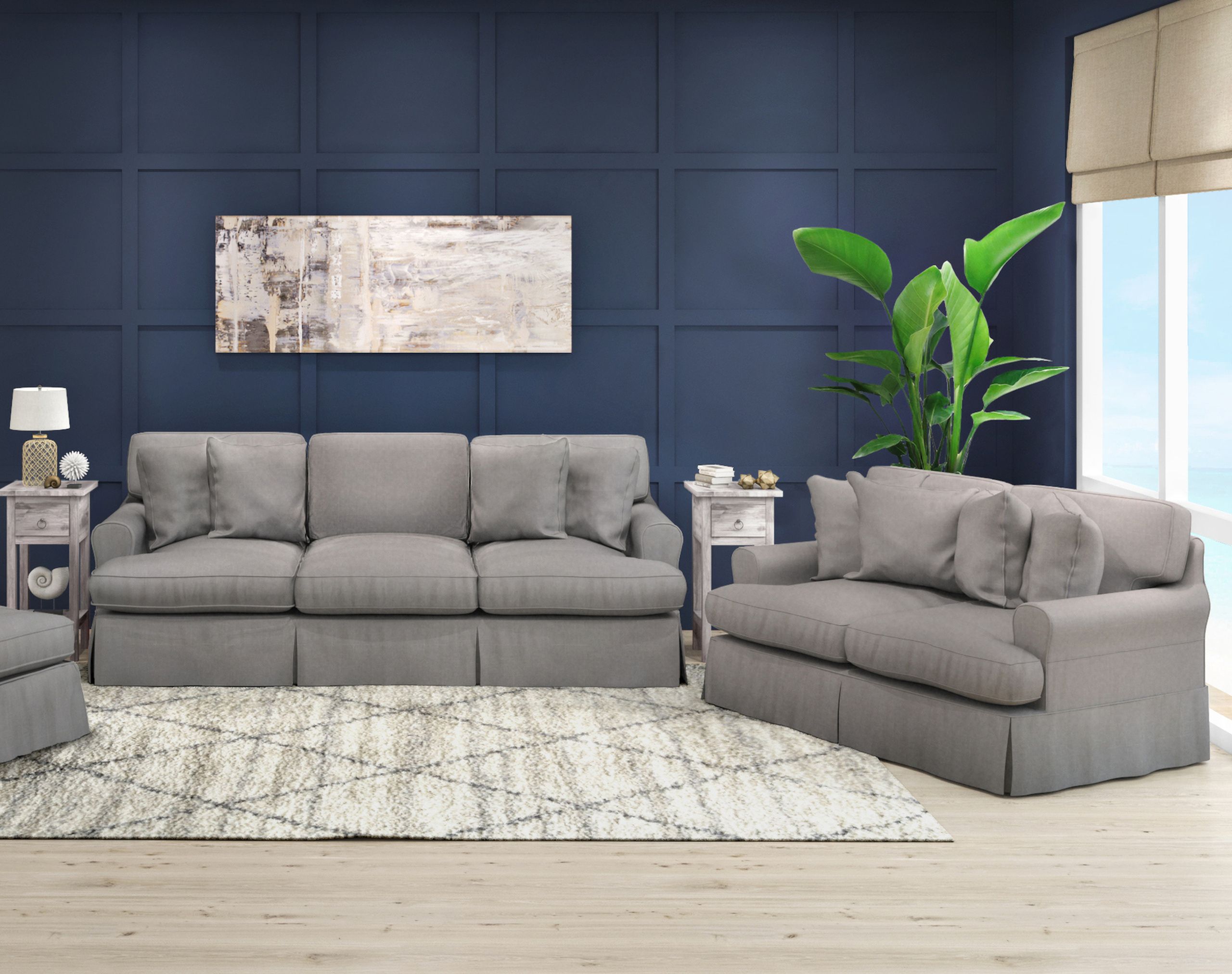 The appearance of Horizon 2 Piece Slipcovered Living Room Set In Gray designed by Sunset Trading in the traditional interior design. This gray piece of furniture was selected by 1StopBedrooms from Horizon Collection to add a touch of cosiness and style into your home. Sku: SU-117600-391094;SU-117610-391094. Material: Wood.