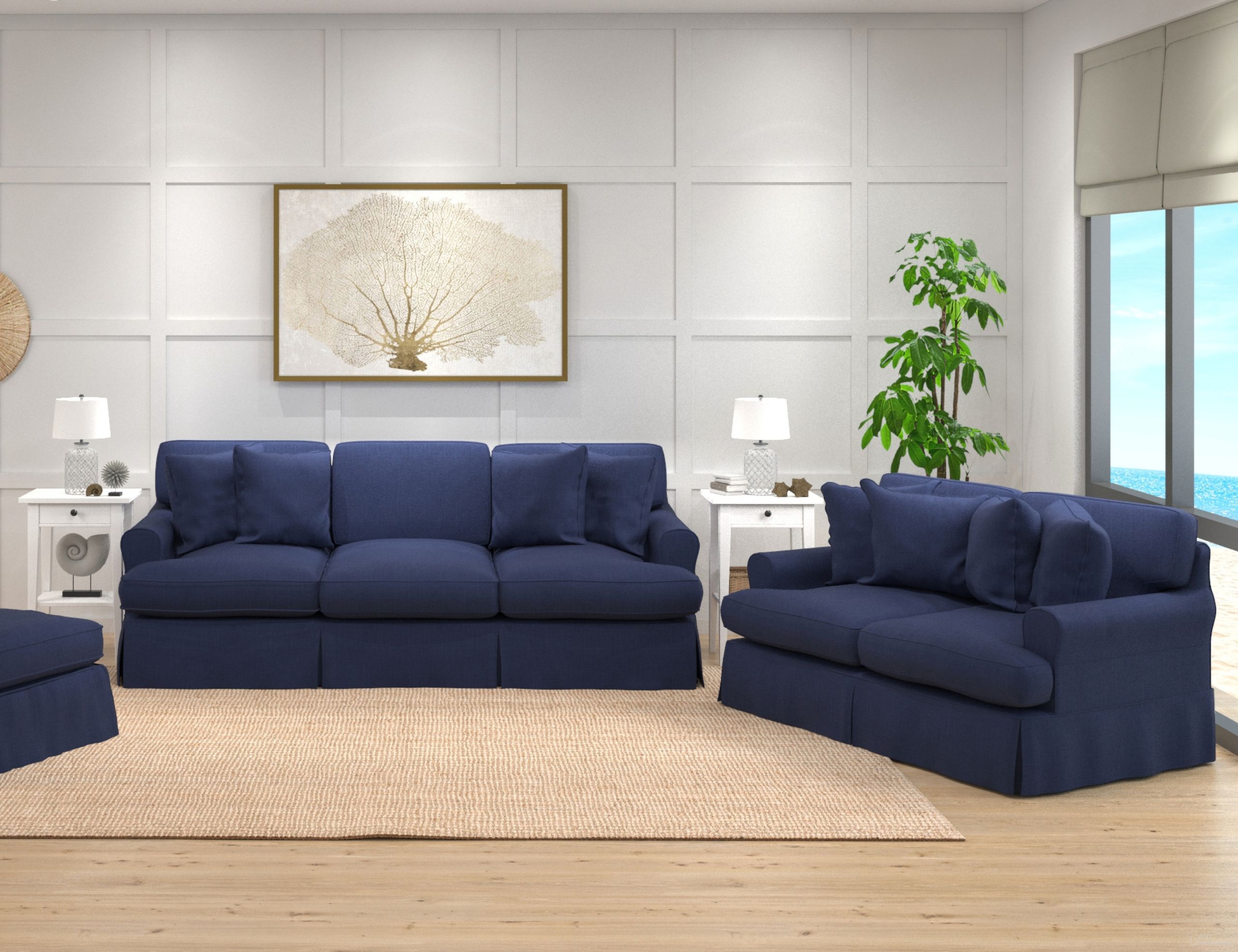 The appearance of Horizon 2 Piece Slipcovered Living Room Set In Navy Blue designed by Sunset Trading in the traditional interior design. This navy blue piece of furniture was selected by 1StopBedrooms from Horizon Collection to add a touch of cosiness and style into your home. Sku: SU-117600-391049;SU-117610-391049. Material: Wood.
