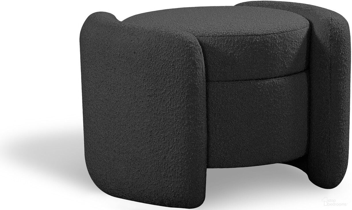 The appearance of Horizon Boucle Fabric Ottoman In Black designed by Meridian in the modern / contemporary interior design. This black piece of furniture was selected by 1StopBedrooms from Horizon Collection to add a touch of cosiness and style into your home. Sku: 115Black. Material: Boucle.