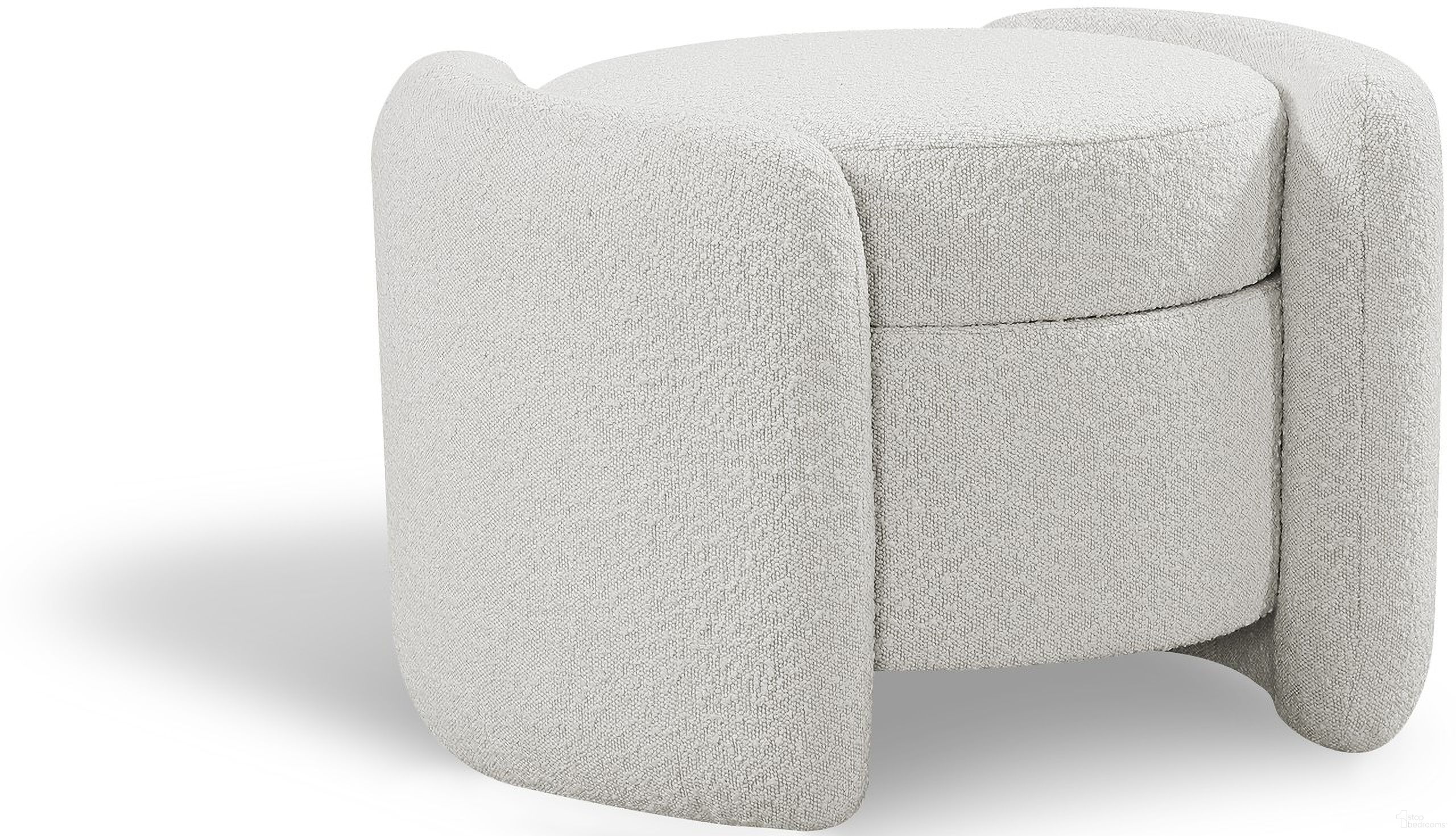 The appearance of Horizon Boucle Fabric Ottoman In Cream designed by Meridian in the modern / contemporary interior design. This cream piece of furniture was selected by 1StopBedrooms from Horizon Collection to add a touch of cosiness and style into your home. Sku: 115Cream. Material: Boucle.
