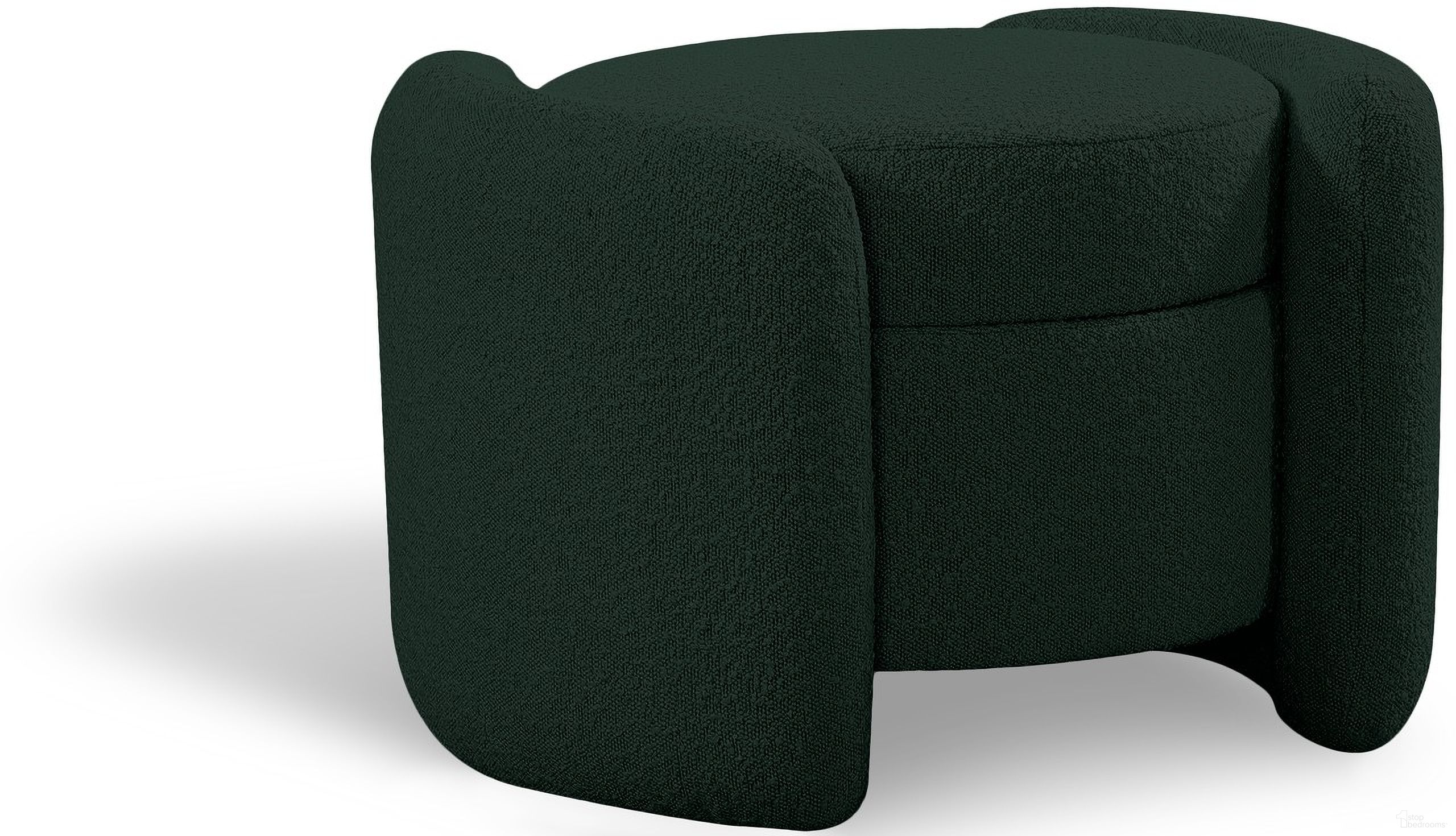 The appearance of Horizon Boucle Fabric Ottoman In Green designed by Meridian in the modern / contemporary interior design. This green piece of furniture  was selected by 1StopBedrooms from Horizon Collection to add a touch of cosiness and style into your home. Sku: 115Green. Material: Boucle.