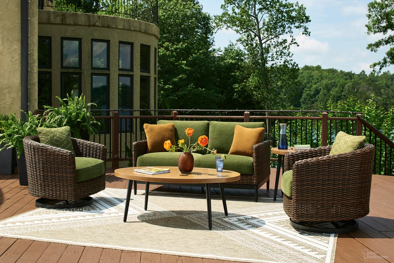 The appearance of Horizon Hall Outdoor Conversation Set In Two-tone Brown designed by Signature Design by Ashley in the transitional interior design. This two-tone brown piece of furniture  was selected by 1StopBedrooms from Horizon Hall Collection to add a touch of cosiness and style into your home. Sku: P572-701;P572-706. Material: Stainless Steel.