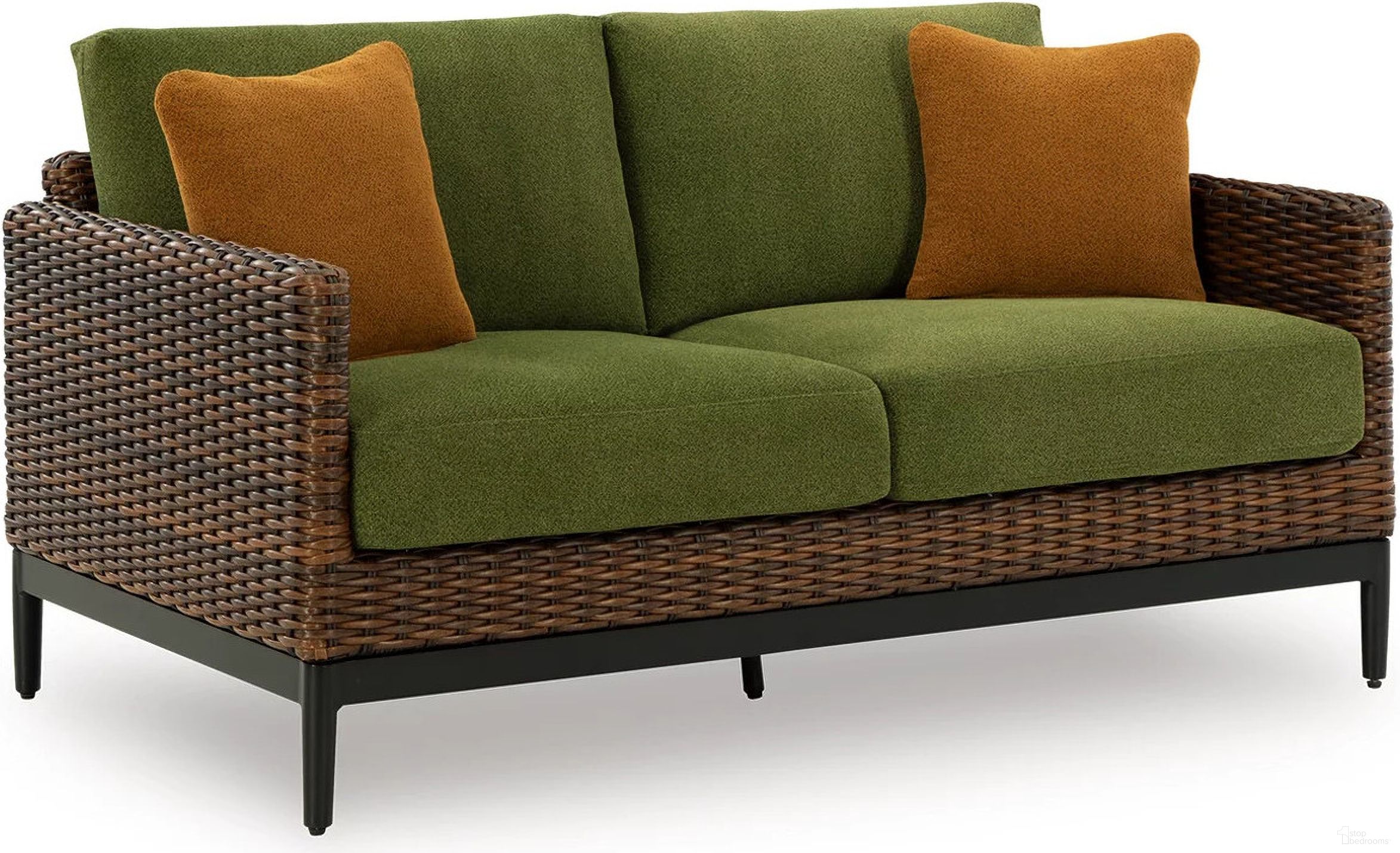 The appearance of Horizon Hall Outdoor Loveseat with Cushion In Brown and Green designed by Signature Design by Ashley in the transitional interior design. This brown and green piece of furniture was selected by 1StopBedrooms from Horizon Hall Collection to add a touch of cosiness and style into your home. Sku: P572-835. Material: Fabric.