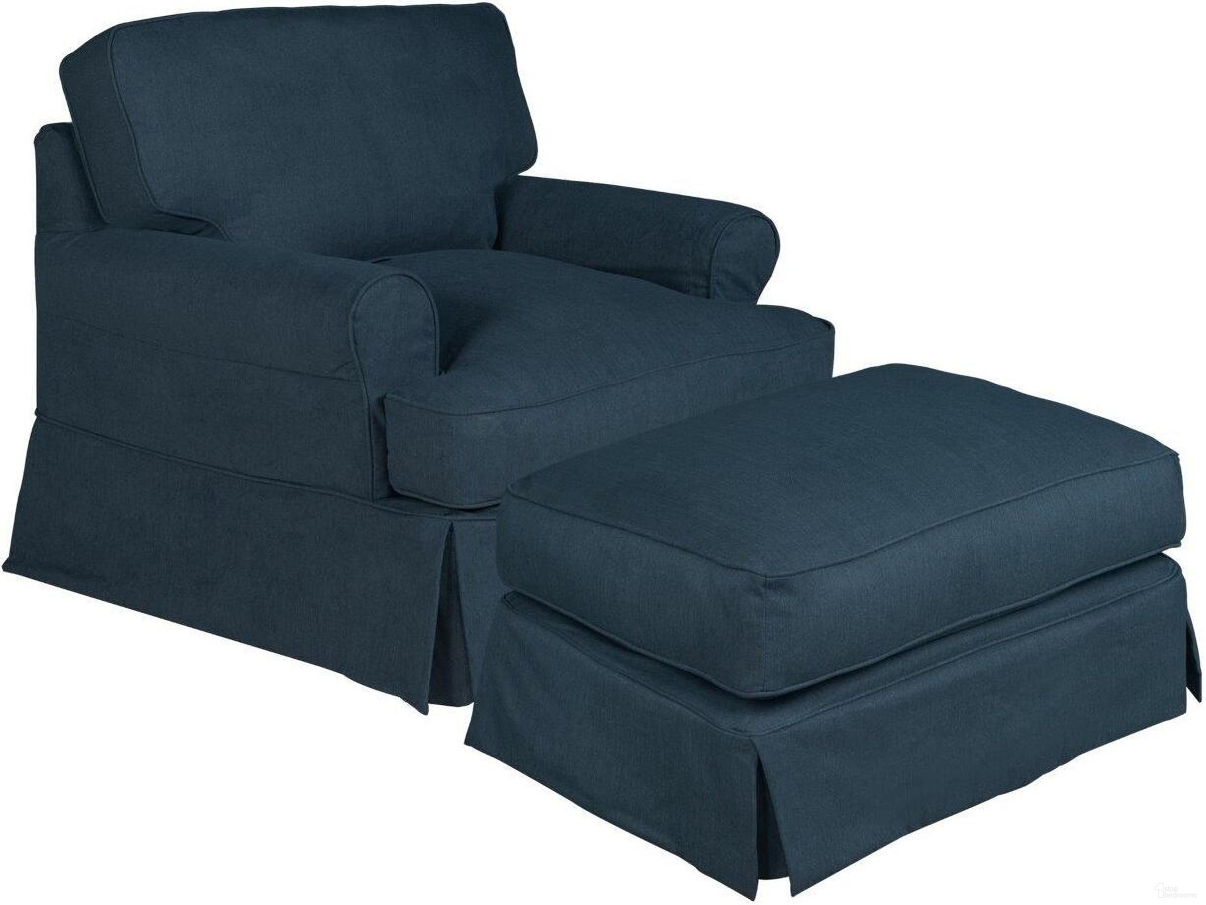 Horizon Navy Blue Slipcovered T-Cushion Chair with Ottoman