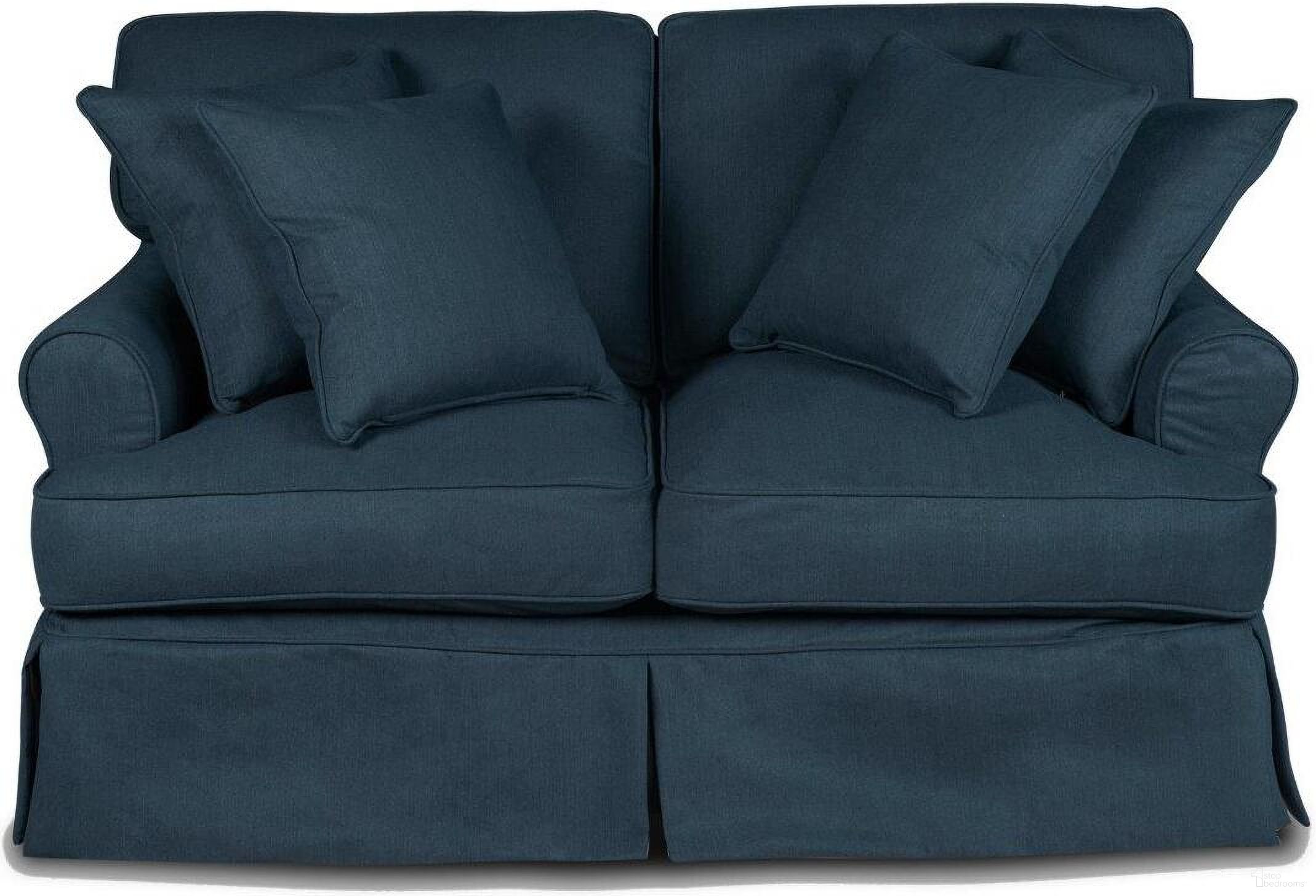 The appearance of Horizon Navy Blue T-Cushion Slipcovered Loveseat designed by Sunset Trading in the traditional interior design. This navy blue piece of furniture was selected by 1StopBedrooms from Horizon Collection to add a touch of cosiness and style into your home. Sku: SU-117610-391049. Material: Wood.