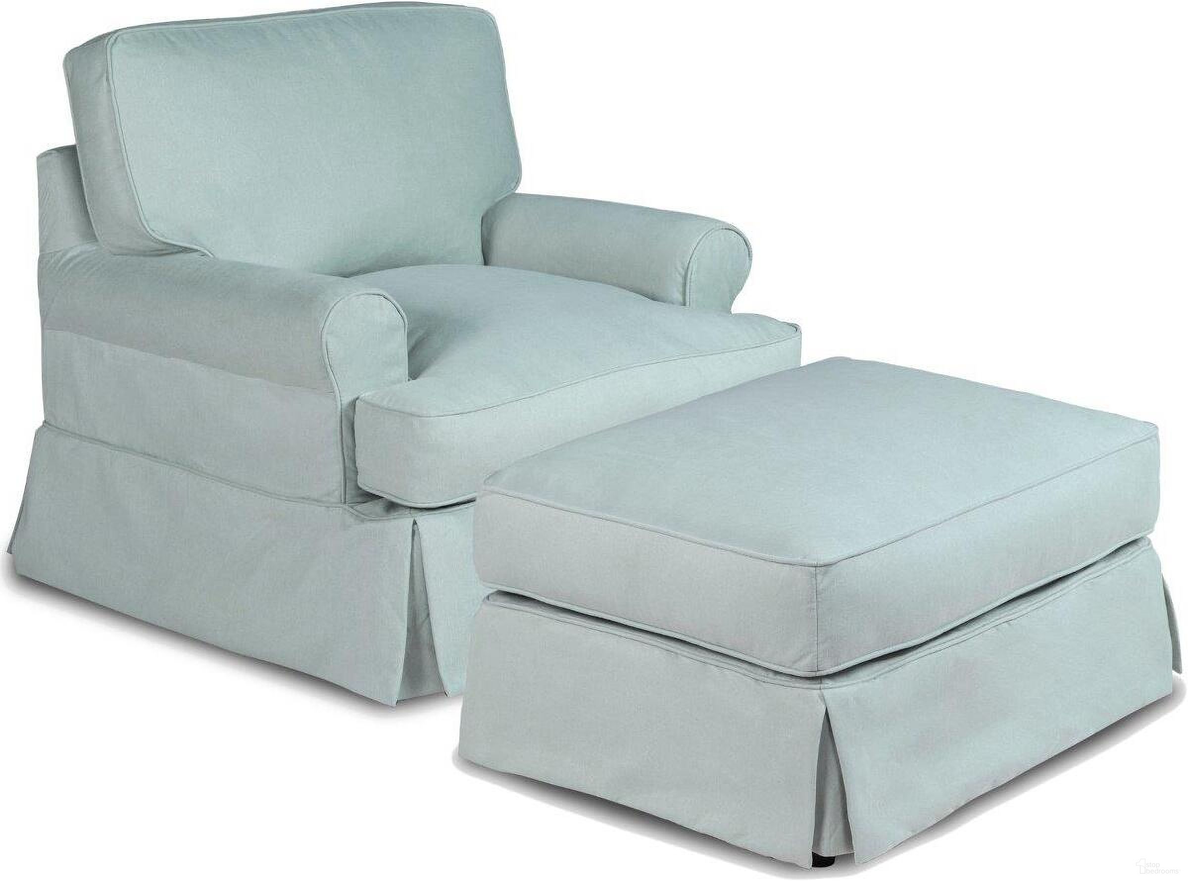 Horizon Ocean Blue Slipcovered T-Cushion Chair with Ottoman
