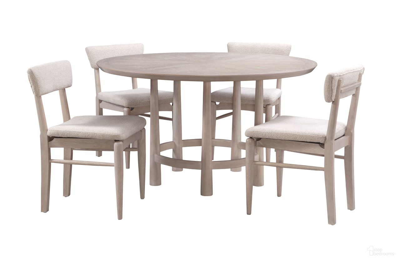 The appearance of Horizons Round Dining Set In Cerused White Oak designed by Bassett Mirror Company in the modern / contemporary interior design. This white oak piece of furniture was selected by 1StopBedrooms from Horizons Collection to add a touch of cosiness and style into your home. Sku: 2533-DR-700T;2533-DR-700B;2533-DR-800-2. Table Base Style: Legs. Table Top Shape: Round. Material: Wood. Size: 54".