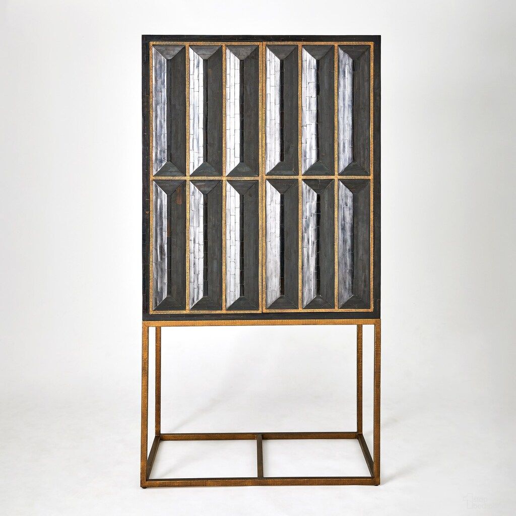 Horn Inlay Bar Cabinet In Antique Brass and Black