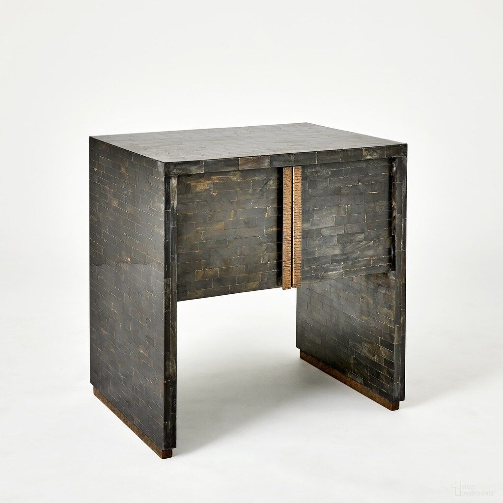 Horn Inlay Bedside Table In Antique Brass and Black