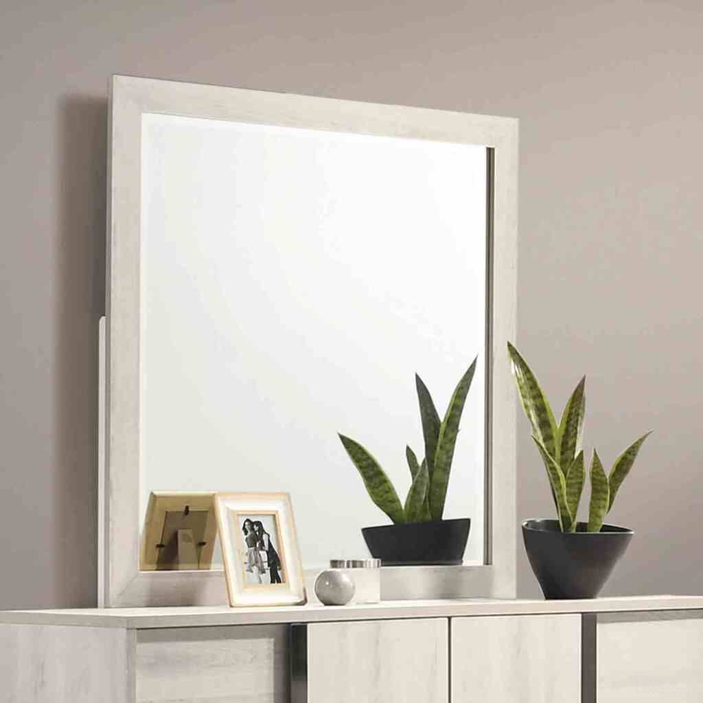 The appearance of Horten Mirror In White Wash designed by Furniture of America in the modern / contemporary interior design. This white wash piece of furniture  was selected by 1StopBedrooms from Horten Collection to add a touch of cosiness and style into your home. Sku: FM7200WH-M. Material: Melamine.