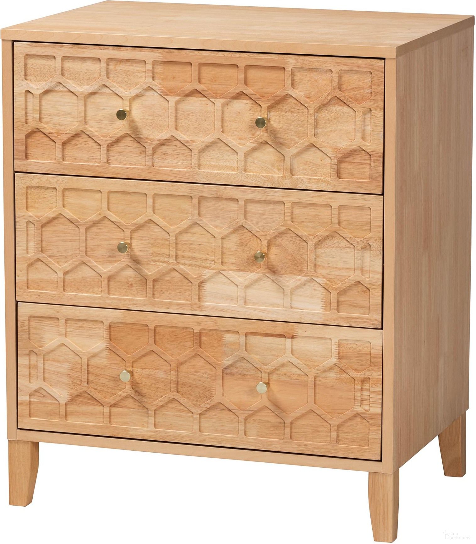 The appearance of Hosea Carved Honeycomb 3 Drawer Chest In Natural designed by Baxton Studio in the modern / contemporary interior design. This natural piece of furniture was selected by 1StopBedrooms from Hosea Collection to add a touch of cosiness and style into your home. Sku: SW8000-61CH3D-3DW-Natural-Chest. Material: Rubberwood.
