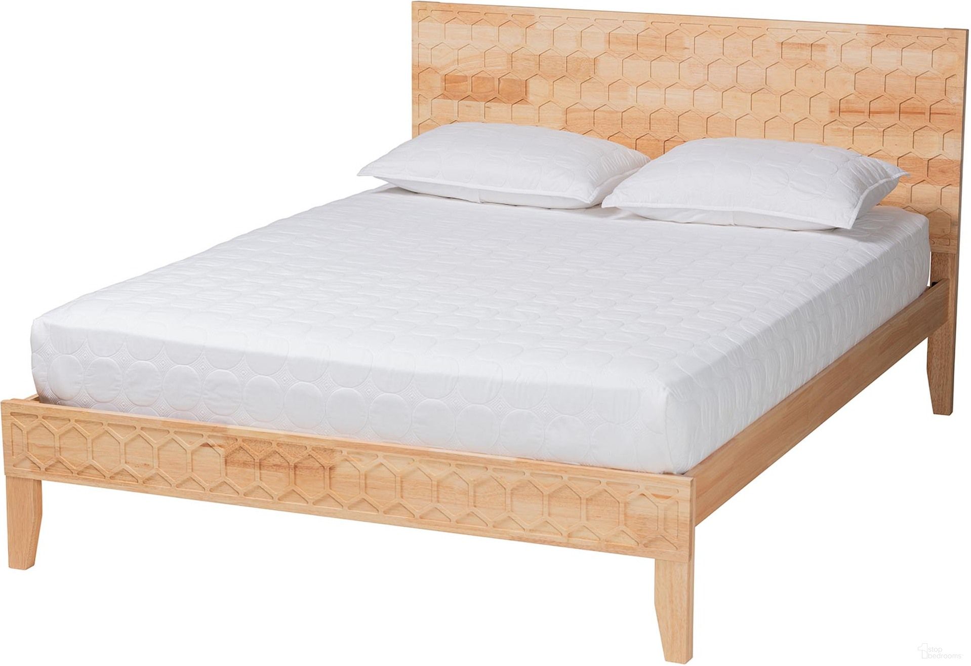 The appearance of Hosea Carved Honeycomb Queen Platform Bed In Natural designed by Baxton Studio in the modern / contemporary interior design. This natural piece of furniture was selected by 1StopBedrooms from Hosea Collection to add a touch of cosiness and style into your home. Sku: SW8588-Natural-Queen. Bed Type: Platform Bed. Bed Size: Queen. Material: Rubberwood.