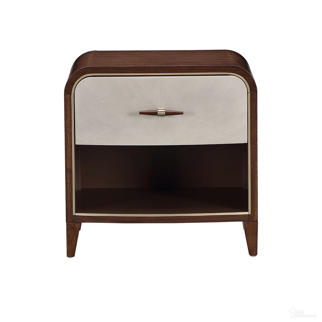 The appearance of Houston 1-Drawer Nightstand In Walnut designed by Michael Amini in the transitional interior design. This walnut piece of furniture was selected by 1StopBedrooms from Houston Collection to add a touch of cosiness and style into your home. Sku: 9095040-416. Material: Birch.