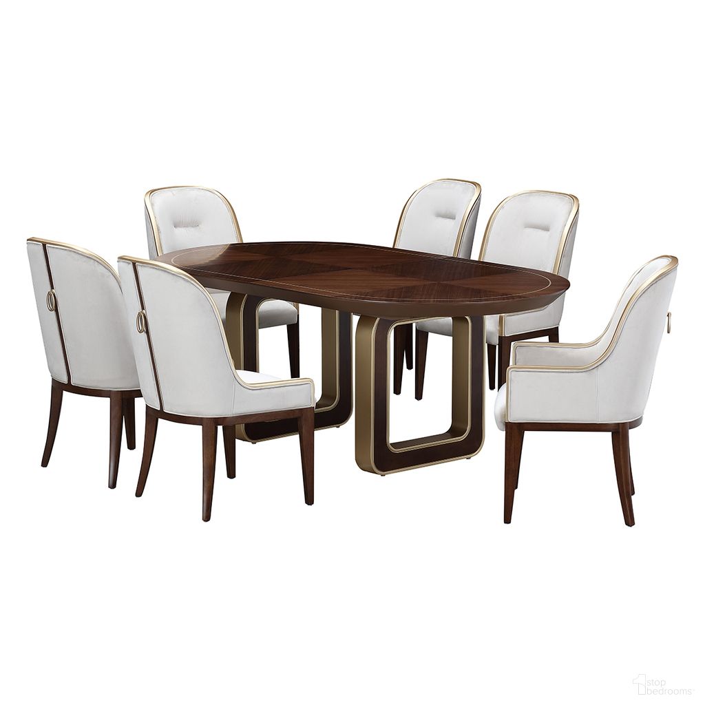 The appearance of Houston Oval Dining Room Set In Walnut designed by Michael Amini in the transitional interior design. This walnut piece of furniture was selected by 1StopBedrooms from Houston Collection to add a touch of cosiness and style into your home. Sku: 9095002B-416;9095002T-416;9095003A-416. Table Base Style: Double Pedestal. Table Top Shape: Oval. Material: Polyester. Size: 45" x 80".