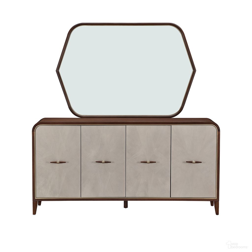 The appearance of Houston Sideboard with Mirror In Walnut designed by Michael Amini in the transitional interior design. This walnut piece of furniture was selected by 1StopBedrooms from Houston Collection to add a touch of cosiness and style into your home. Sku: 9095007SA-416;9095260-416. Material: Birch.