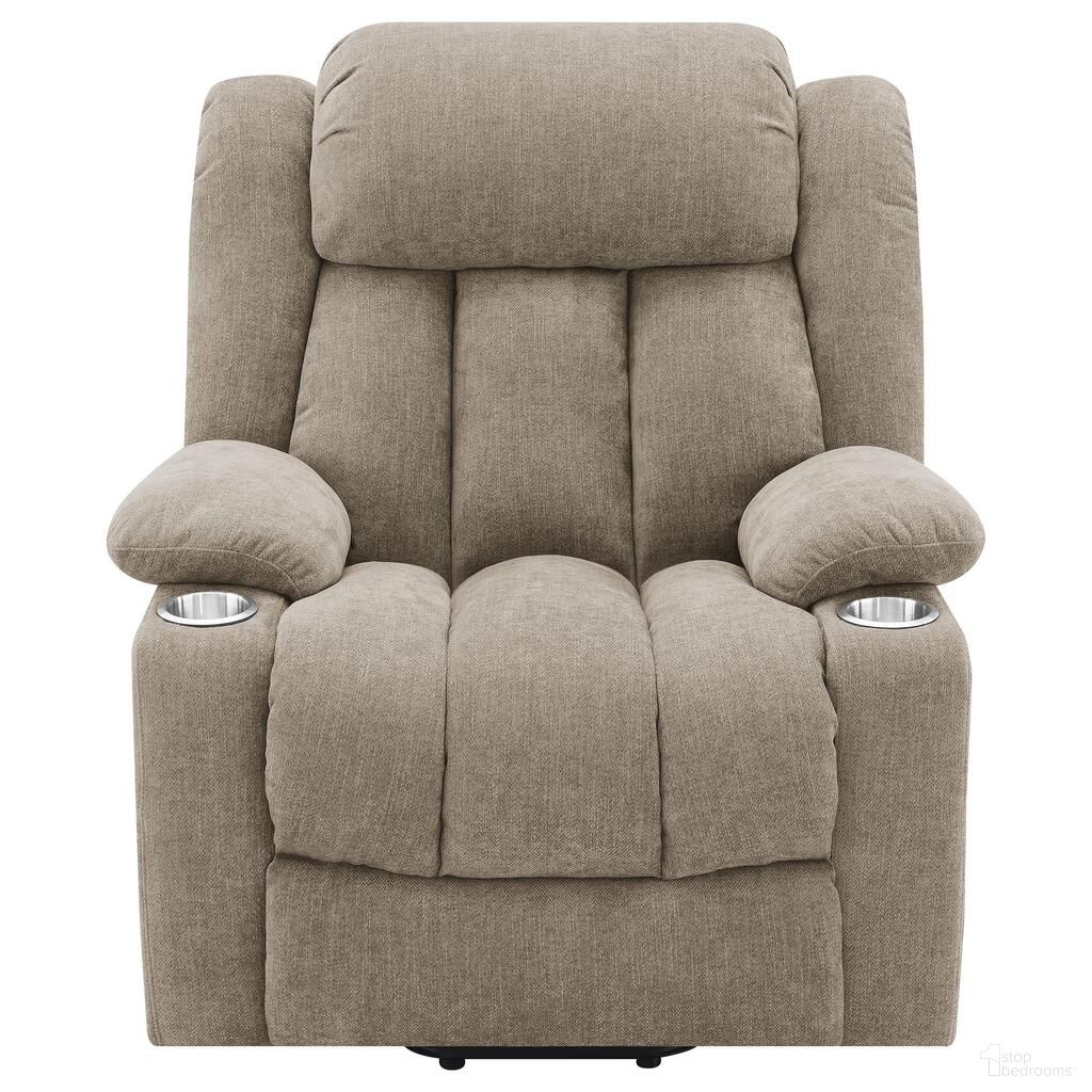The appearance of Houston Upholstered Power Lift Recliner Chair In Camel designed by Coaster in the traditional interior design. This camel piece of furniture was selected by 1StopBedrooms from Houston Collection to add a touch of cosiness and style into your home. Sku: 602274P. Material: Upholstered.