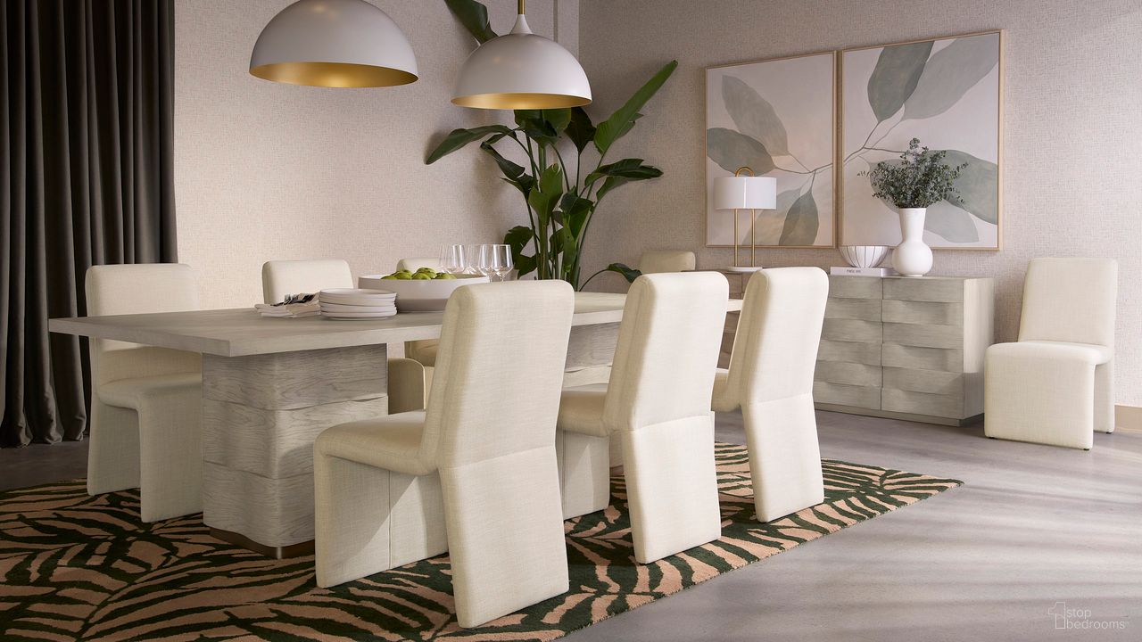 Hoyos 100 Inch Hoyos Dining Room Set In Light Wash and Warm Brass