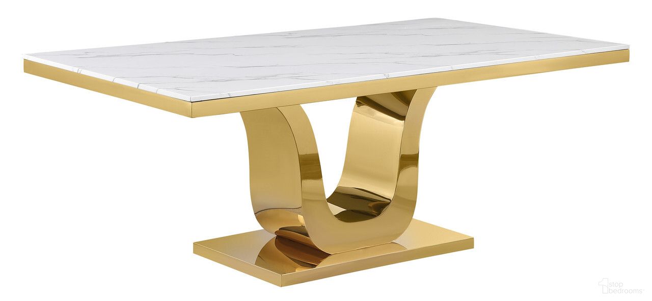 The appearance of Hozan 78 x 42 Inch Dining Table In White Marble and Gold Steel designed by Best Quality Furniture in the modern / contemporary interior design. This white and gold piece of furniture  was selected by 1StopBedrooms from Hozan Collection to add a touch of cosiness and style into your home. Sku: D321-DTT;D321-DTB. Table Base Style: Pedestal. Material: Marble. Table Top Shape: Rectangular. Size: 42" x 78".