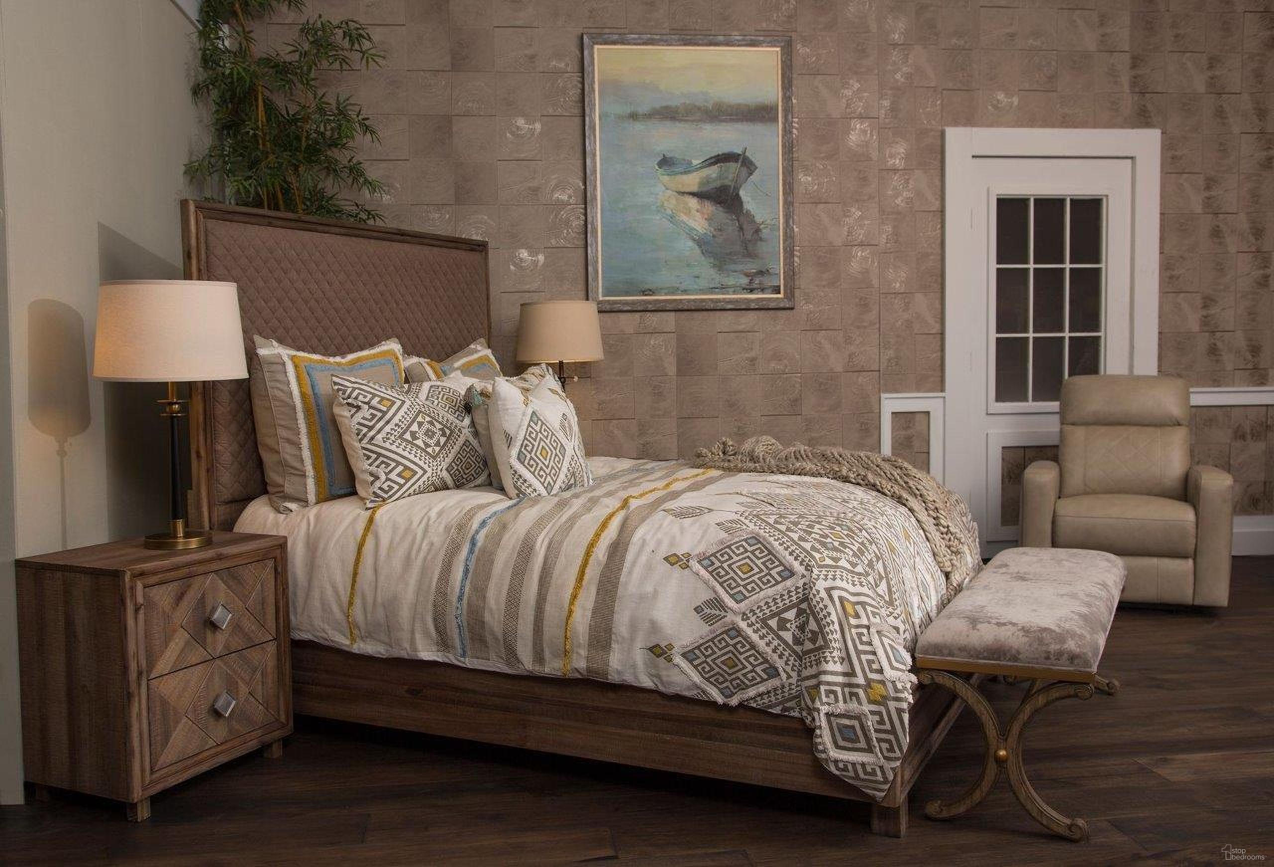 The appearance of Hudson Ferry Driftwood Diamond Quilted Brown Upholstered Panel Bedroom Set designed by Michael Amini in the transitional interior design. This brown piece of furniture was selected by 1StopBedrooms from Hudson Ferry Collection to add a touch of cosiness and style into your home. Sku: 9000238-00;KI-HUDF012BRN-216;KI-HUDF040-216;KI-HUDF132-216. Bed Type: Panel Bed. Bed Size: Queen. Material: Wood Veneer.