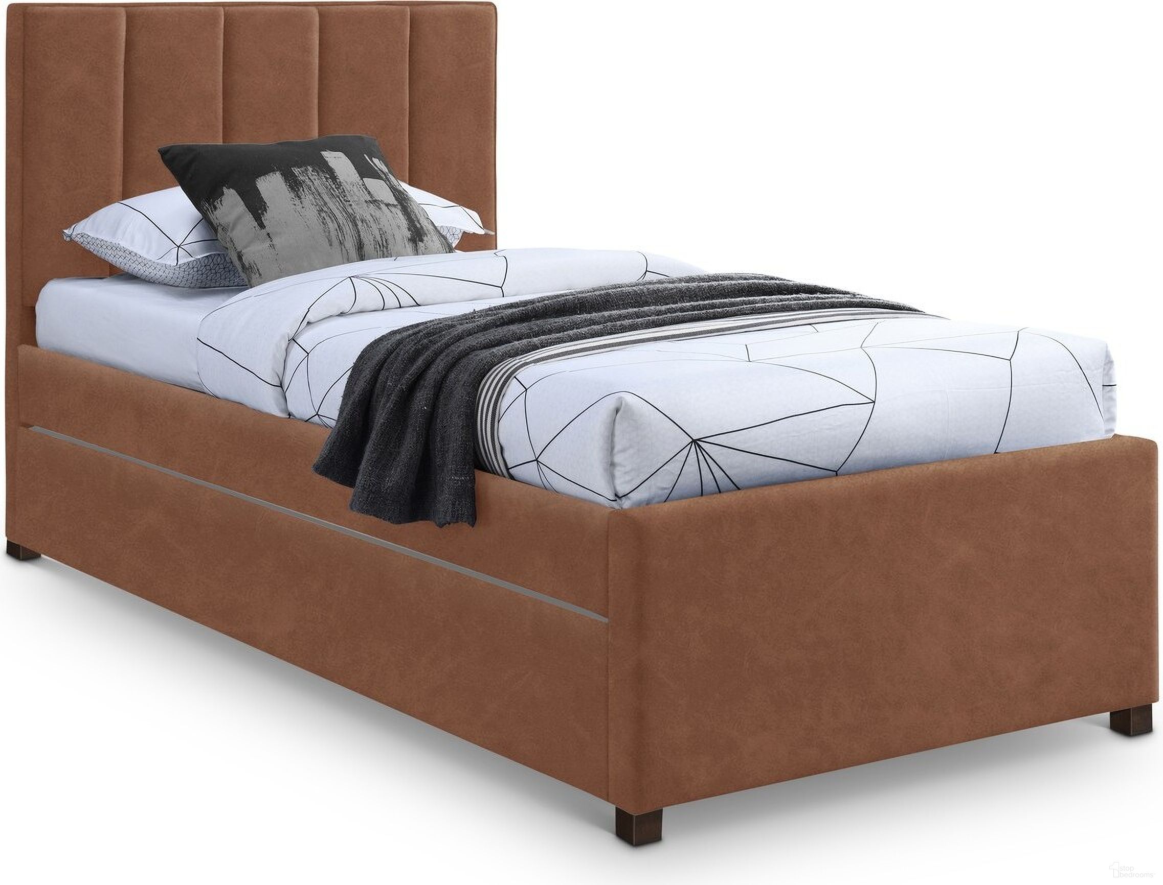 The appearance of Hudson Vegan Leather Twin Trundle Bed In Cognac designed by Meridian in the modern / contemporary interior design. This cognac piece of furniture was selected by 1StopBedrooms from Hudson Collection to add a touch of cosiness and style into your home. Sku: HudsonCognac-T Box 1/2 (Headboard / Footboard / Trundle Side Panel / Slats);HudsonCognac-T Box 2/2 (Side Rail / Drawer Panel). Bed Size: Twin. Material: MDF. Bed Type: Trundle Bed.