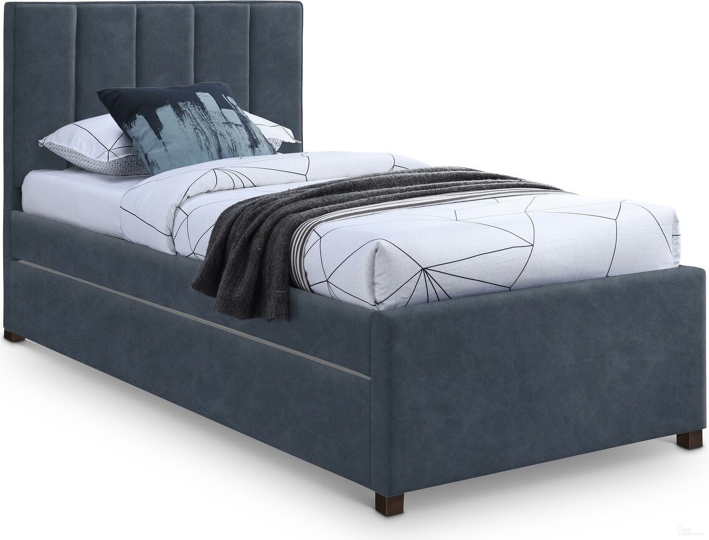 The appearance of Hudson Vegan Leather Twin Trundle Bed In Navy designed by Meridian in the modern / contemporary interior design. This navy piece of furniture was selected by 1StopBedrooms from Hudson Collection to add a touch of cosiness and style into your home. Sku: HudsonNavy-T Box 1/2 (Headboard / Footboard / Trundle Side Panel / Slats);HudsonNavy-T Box 2/2 (Side Rail / Drawer Panel). Bed Size: Twin. Material: MDF. Bed Type: Trundle Bed.