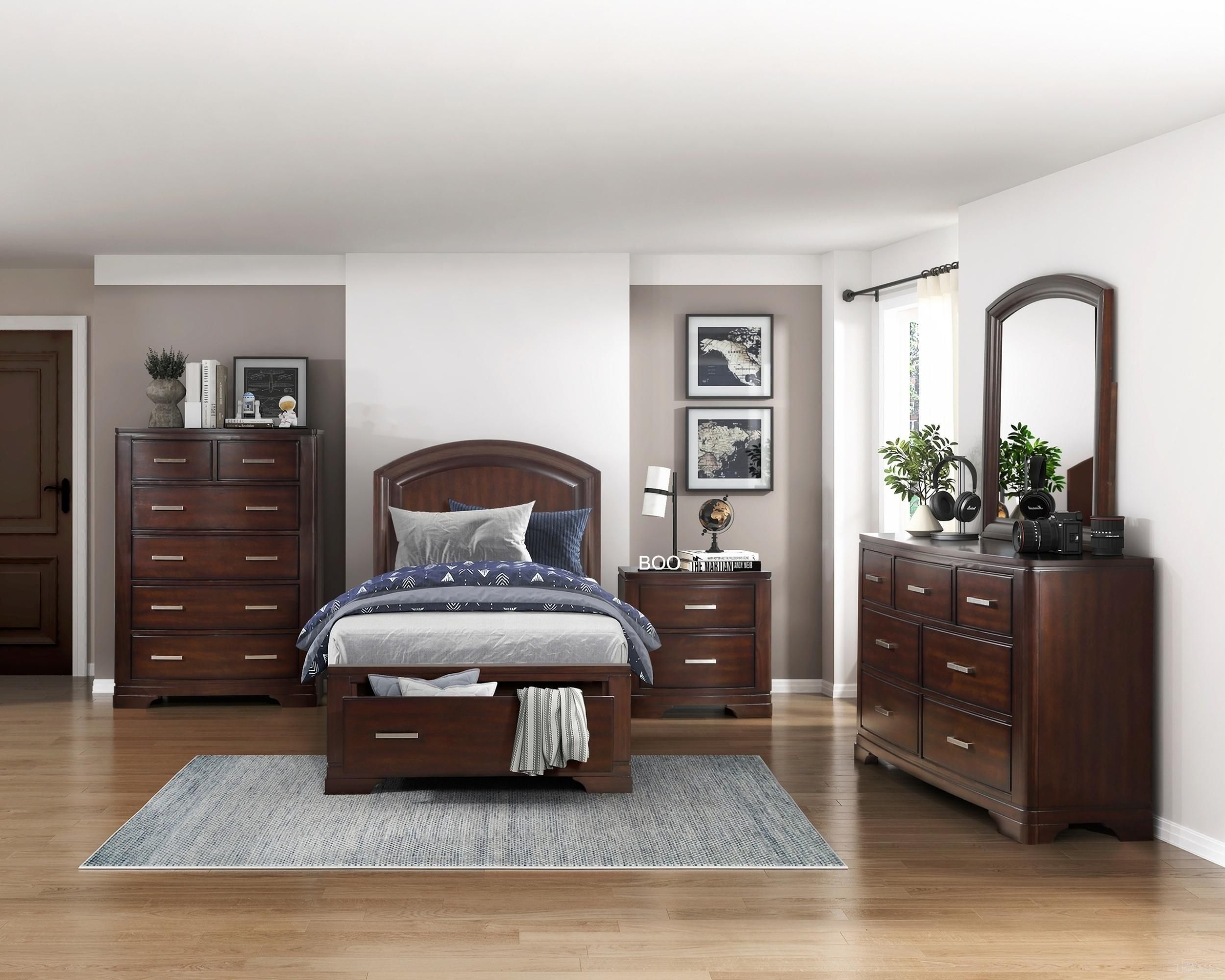 Hudson Youth Platform Bedroom Set with Footboard Storage In Cherry
