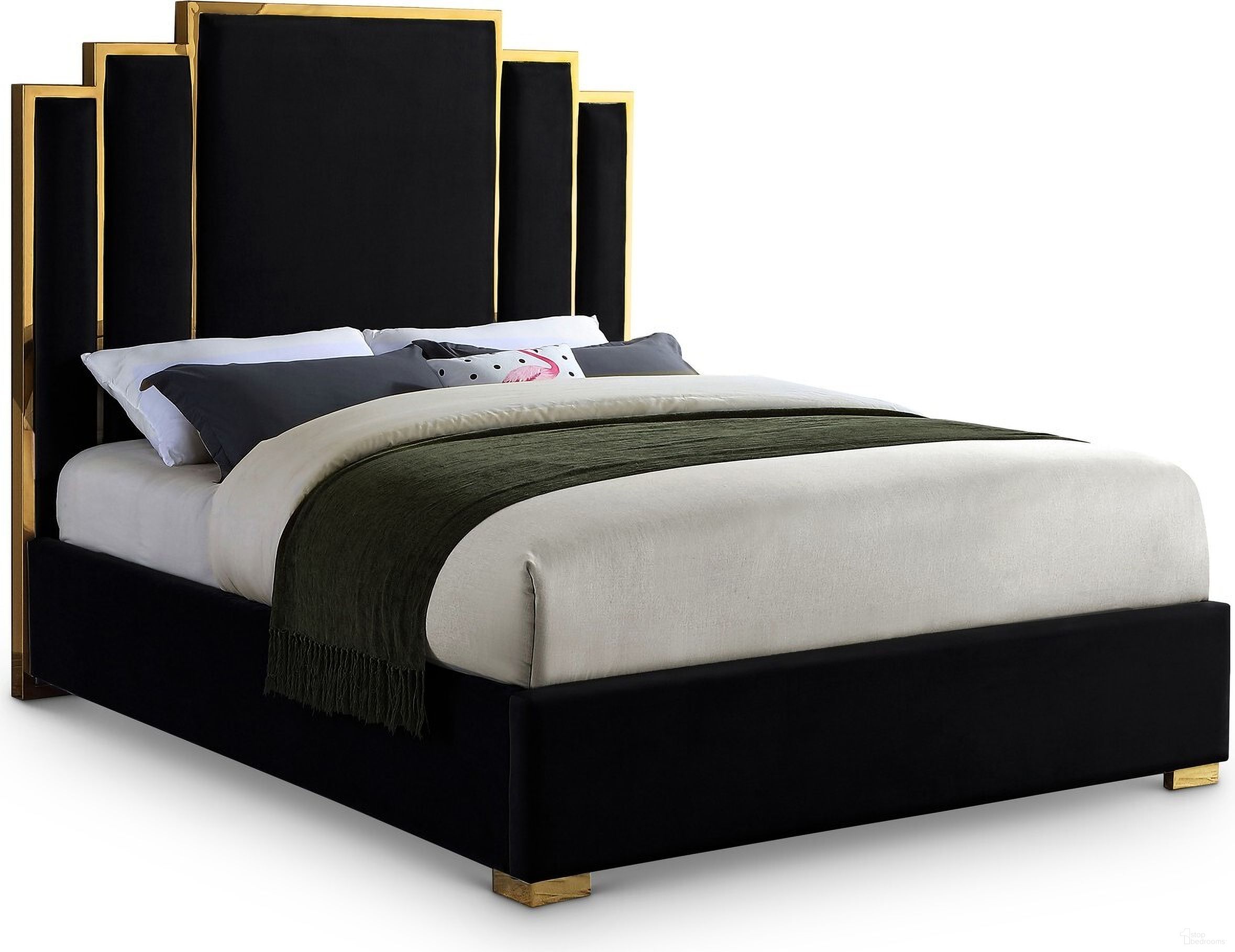The appearance of Hugo Velvet King Bed In Black designed by Meridian in the modern / contemporary interior design. This black piece of furniture  was selected by 1StopBedrooms from Hugo Collection to add a touch of cosiness and style into your home. Sku: HugoBlack-K Box 1/2 (HB/Slats);HugoBlack-K Box 2/2 (Siderails/FB/Metal Bar/Hardware/Legs). Bed Type: Panel Bed. Bed Size: King. Material: Velvet.