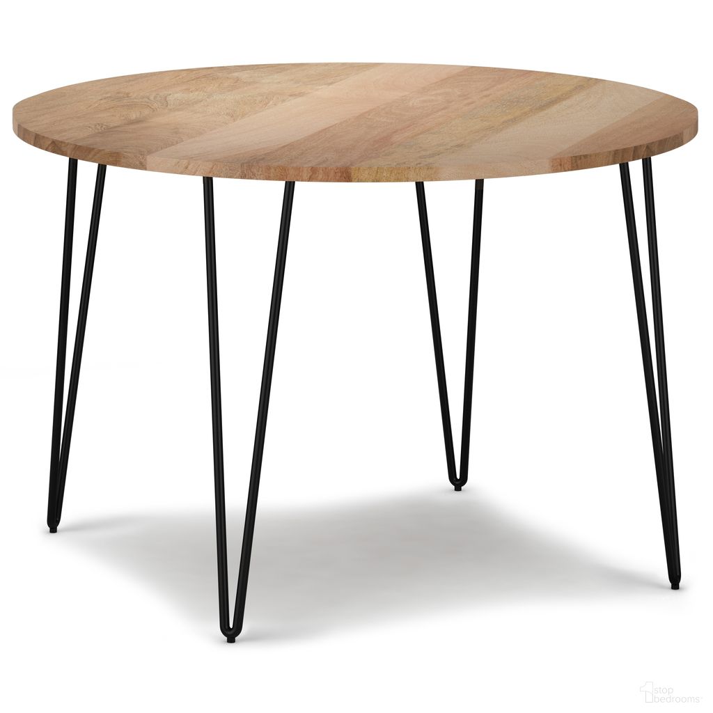 The appearance of Hunter 45-inch Round Dining Table In Natural designed by Simpli Home in the industrial interior design. This natural piece of furniture was selected by 1StopBedrooms from Hunter Collection to add a touch of cosiness and style into your home. Sku: AXCHUN-DT-45RD. Table Base Style: Legs. Table Top Shape: Round. Size: 45". Material: Mango Wood.