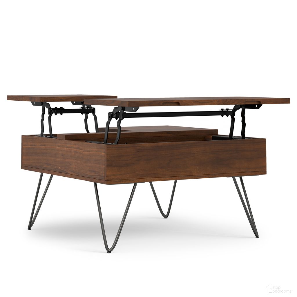 The appearance of Hunter Lift Top Square Coffee Table In Walnut designed by Simpli Home in the industrial interior design. This walnut piece of furniture  was selected by 1StopBedrooms from Hunter Collection to add a touch of cosiness and style into your home. Sku: AXCHUN-04-WAL. Material: Walnut Veneer.