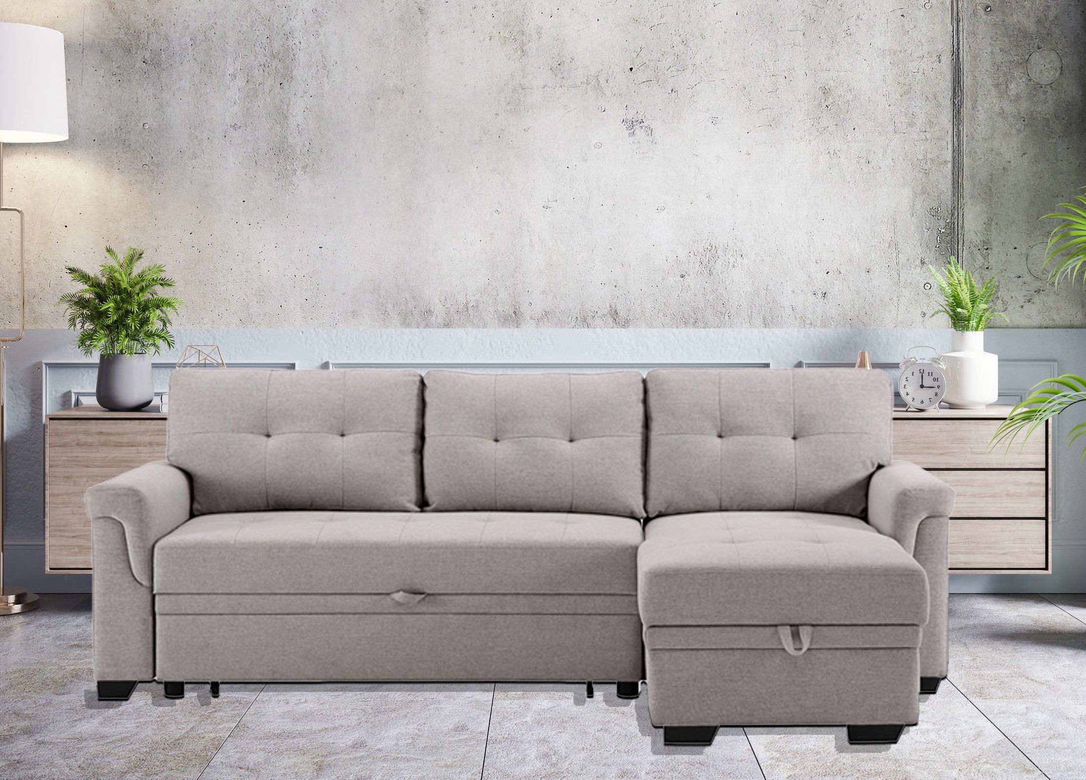 The appearance of Hunter 84 Inch Linen Reversible Sleeper Sectional Sofa with Storage Chaise In Light Gray designed by Lilola Home in the modern / contemporary interior design. This light gray piece of furniture was selected by 1StopBedrooms from Hunter Collection to add a touch of cosiness and style into your home. Sku: 981340. Material: Wood. Layout: Sofa & Chaise.