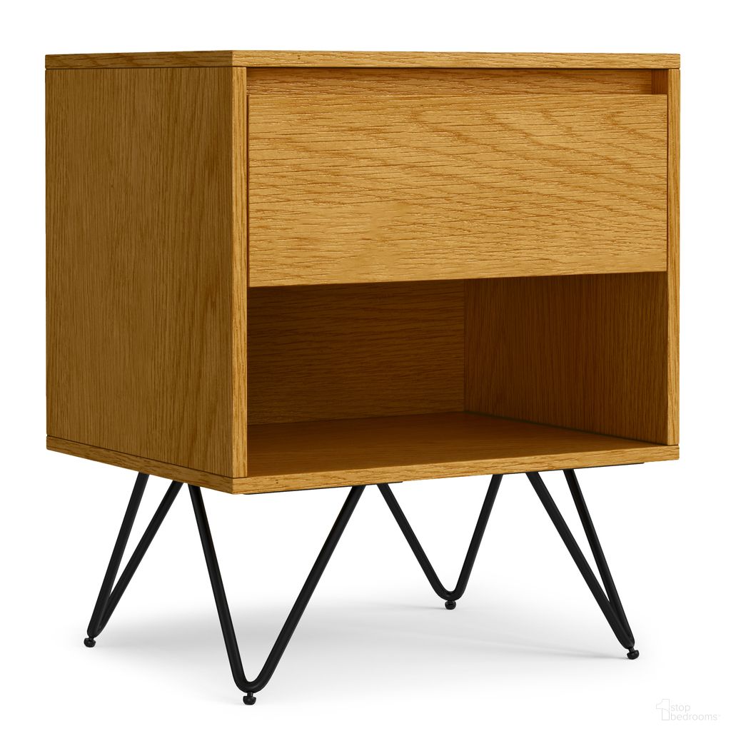 The appearance of Hunter Nightstand In Oak designed by Simpli Home in the industrial interior design. This oak piece of furniture was selected by 1StopBedrooms from Hunter Collection to add a touch of cosiness and style into your home. Sku: AXCHUN-78-OAK. Material: Oak Veneer.