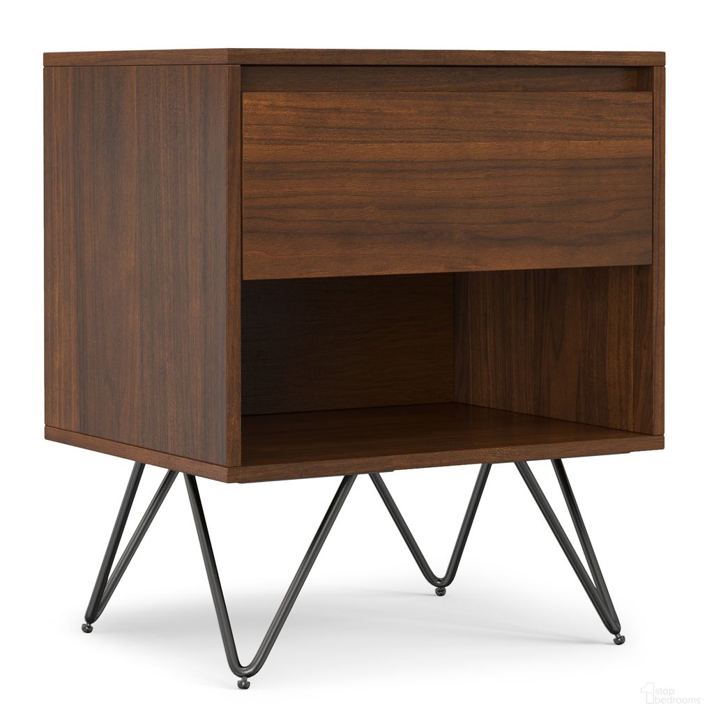 The appearance of Hunter Nightstand In Walnut designed by Simpli Home in the industrial interior design. This walnut piece of furniture was selected by 1StopBedrooms from Hunter Collection to add a touch of cosiness and style into your home. Sku: AXCHUN-78-WAL. Material: Walnut Veneer.