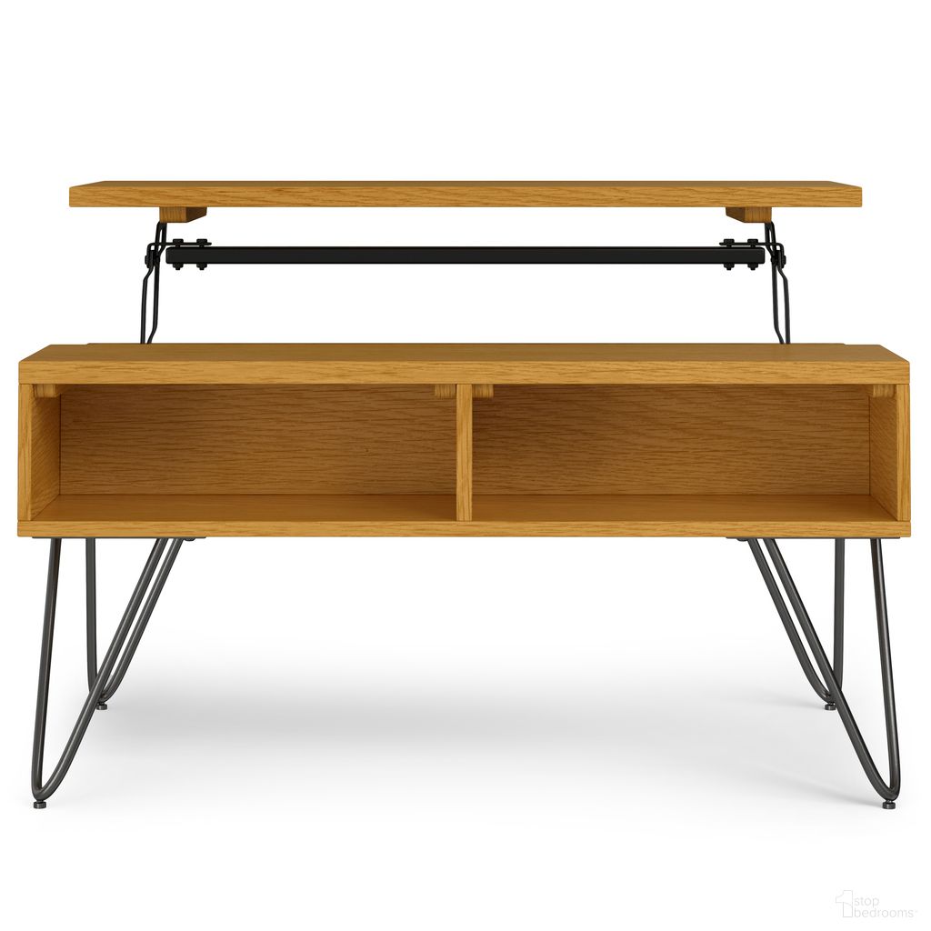 The appearance of Hunter Small Lift Top Coffee Table In Oak designed by Simpli Home in the industrial interior design. This oak piece of furniture  was selected by 1StopBedrooms from Hunter Collection to add a touch of cosiness and style into your home. Sku: AXCHUNSM-01-OAK. Material: Oak Veneer.