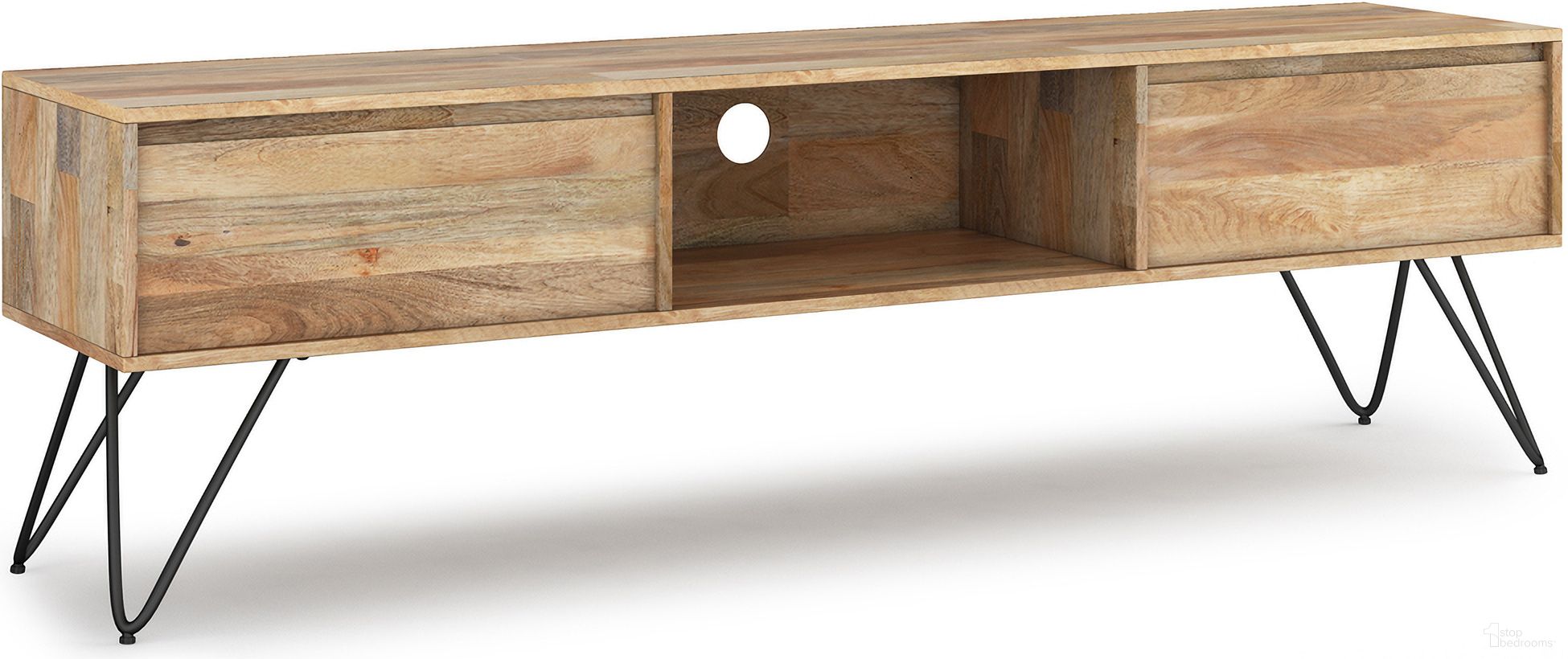 The appearance of Hunter Solid Mango Wood 68 Inch TV Media Stand In Natural designed by Simpli Home in the industrial interior design. This natural piece of furniture  was selected by 1StopBedrooms from Hunter Collection to add a touch of cosiness and style into your home. Sku: AXCHUN-68. Material: Mango Wood.
