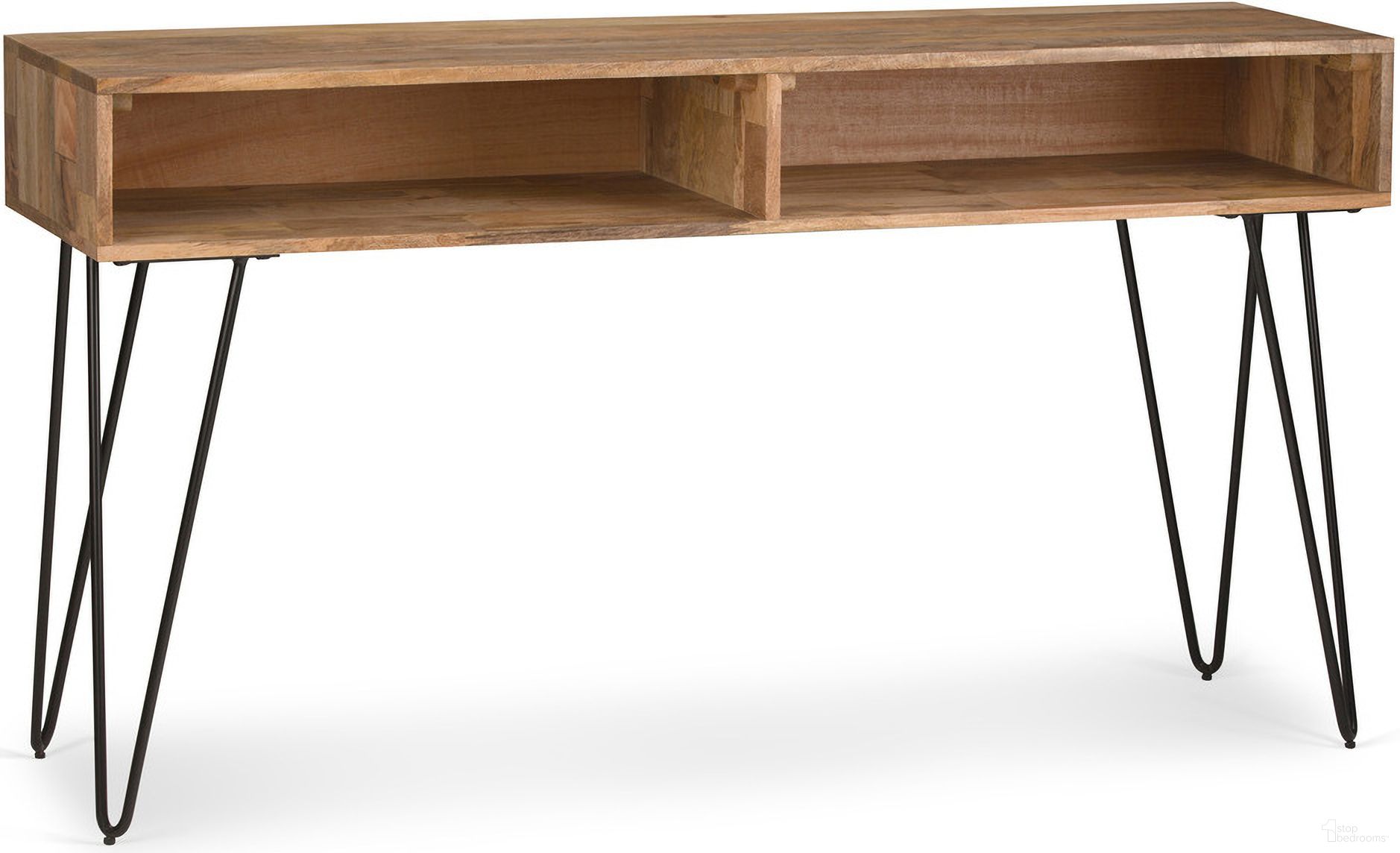 The appearance of Hunter Solid Mango Wood Console Sofa Table In Natural designed by Simpli Home in the industrial interior design. This natural piece of furniture was selected by 1StopBedrooms from Hunter Collection to add a touch of cosiness and style into your home. Sku: AXCHUN-03. Material: Mango Wood.