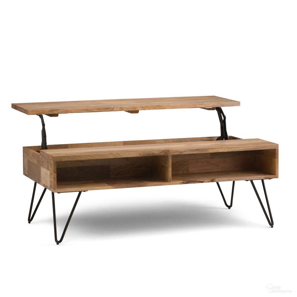 The appearance of Hunter Solid Mango Wood Lift Top Coffee Table In Natural designed by Simpli Home in the industrial interior design. This natural piece of furniture was selected by 1StopBedrooms from Hunter Collection to add a touch of cosiness and style into your home. Sku: AXCHUN-01. Material: Mango Wood.