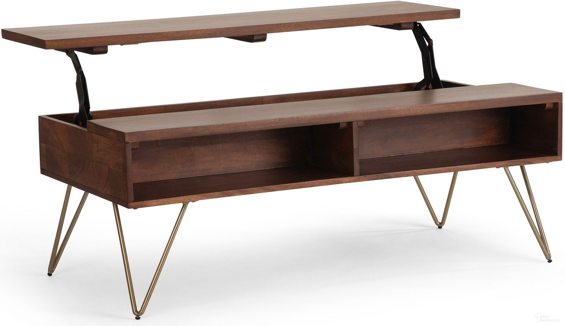 The appearance of Hunter Solid Mango Wood Lift Top Coffee Table In Umber Brown designed by Simpli Home in the industrial interior design. This umber brown piece of furniture  was selected by 1StopBedrooms from Hunter Collection to add a touch of cosiness and style into your home. Sku: AXCHUN-01-UB. Material: Mango Wood.